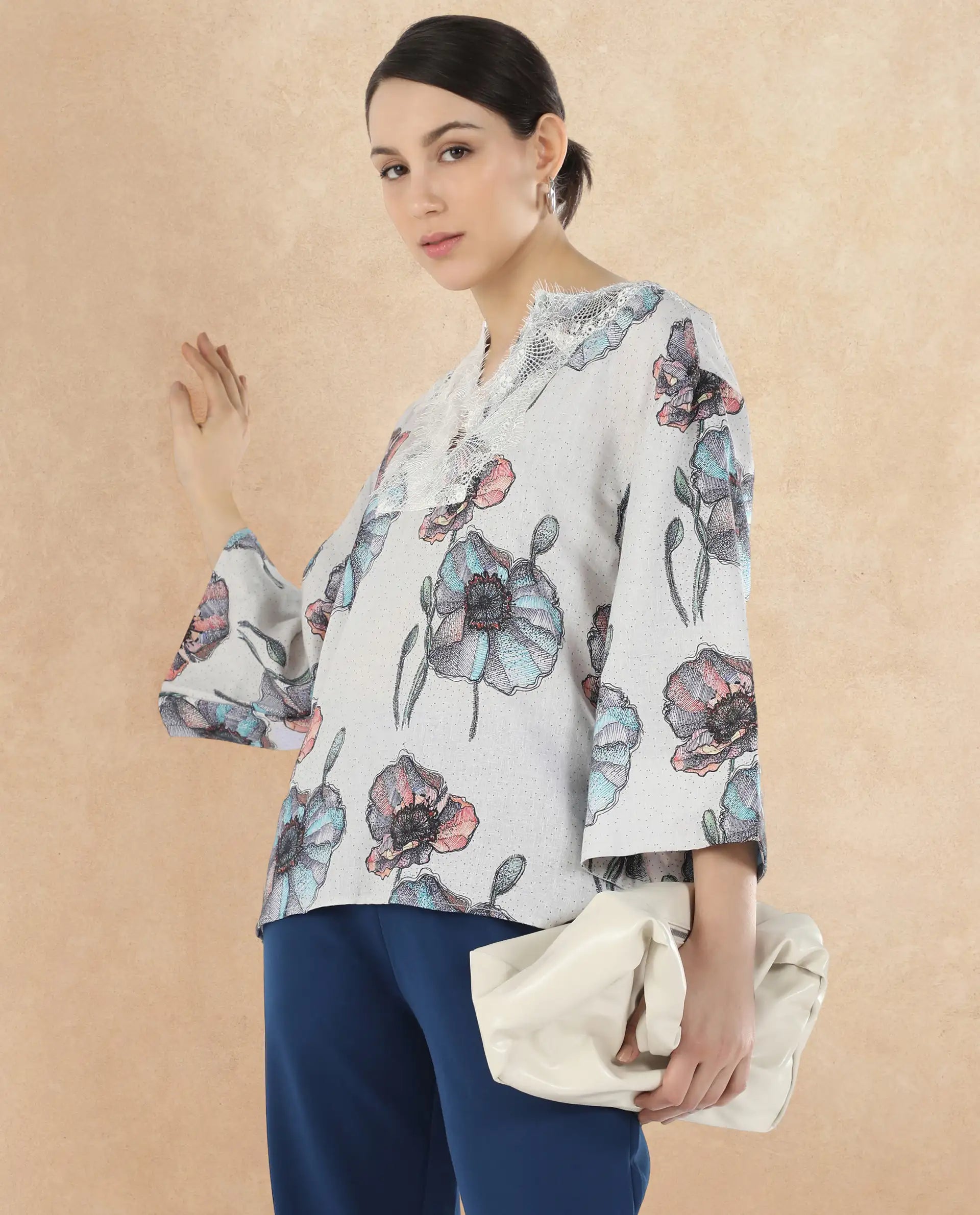 Rareism Women Baizen Multi Cotton Linen Fabric Regular Sleeves Key Hole Neck Floral Print Regular Length Top