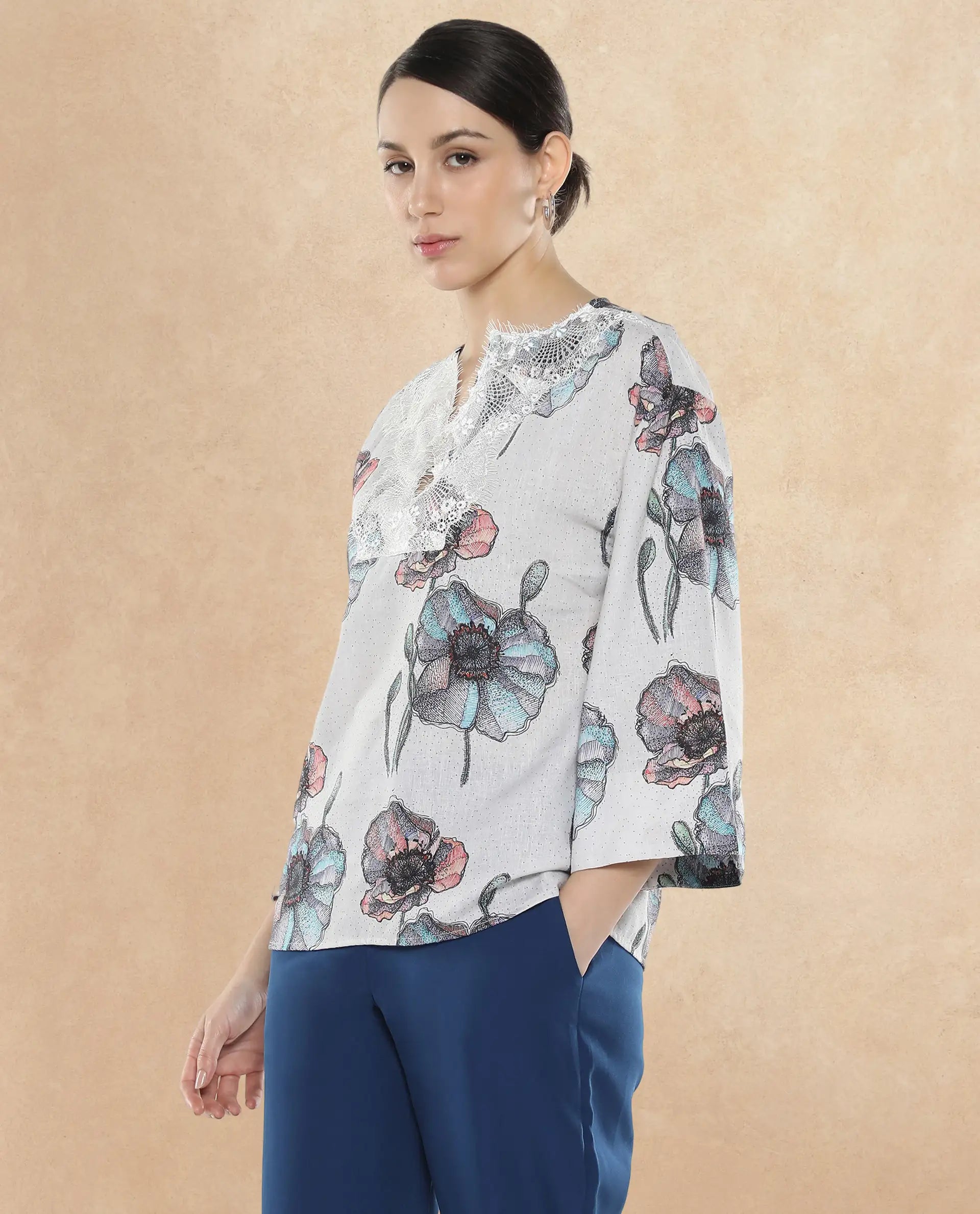 Rareism Women Baizen Multi Cotton Linen Fabric Regular Sleeves Key Hole Neck Floral Print Regular Length Top