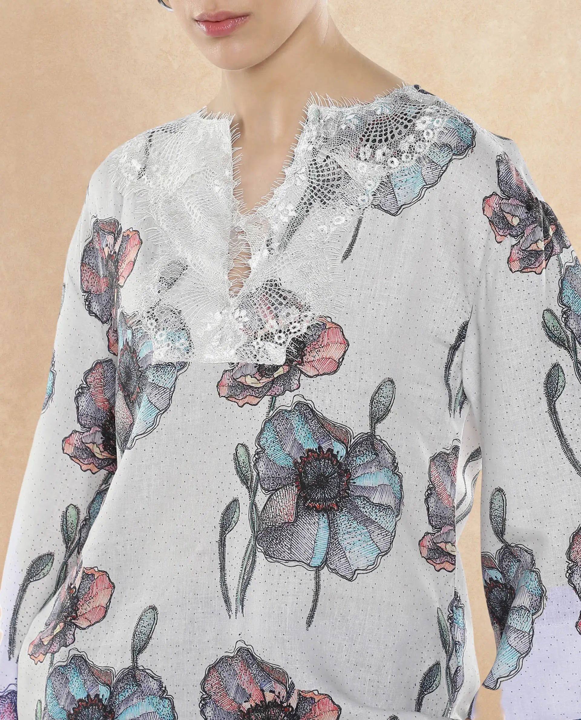 Rareism Women Baizen Multi Cotton Linen Fabric Regular Sleeves Key Hole Neck Floral Print Regular Length Top