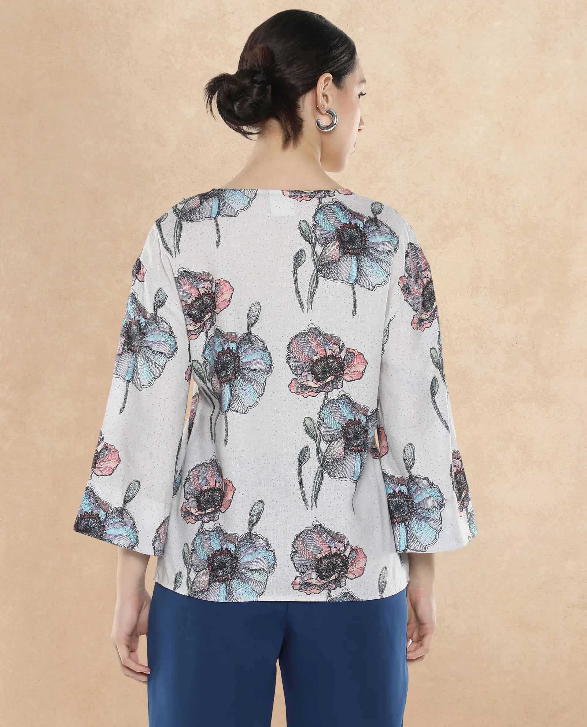 Rareism Women Baizen Multi Cotton Linen Fabric Regular Sleeves Key Hole Neck Floral Print Regular Length Top