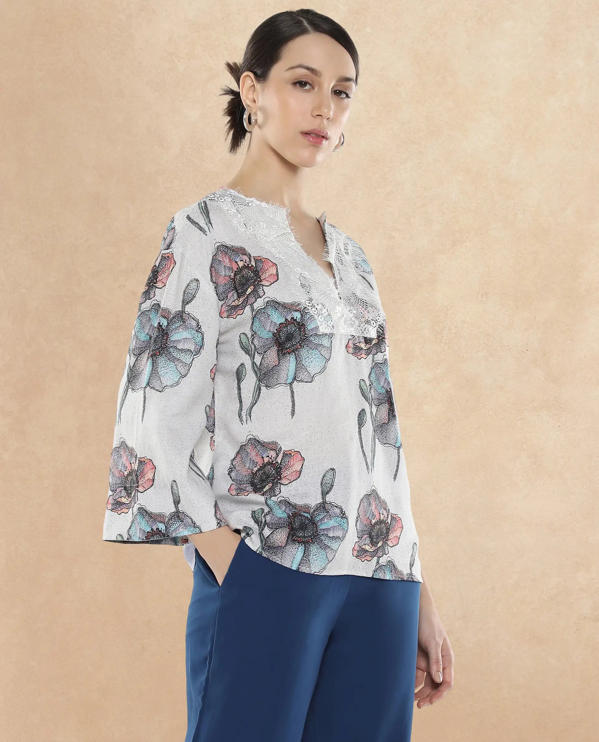 Rareism Women Baizen Multi Cotton Linen Fabric Regular Sleeves Key Hole Neck Floral Print Regular Length Top