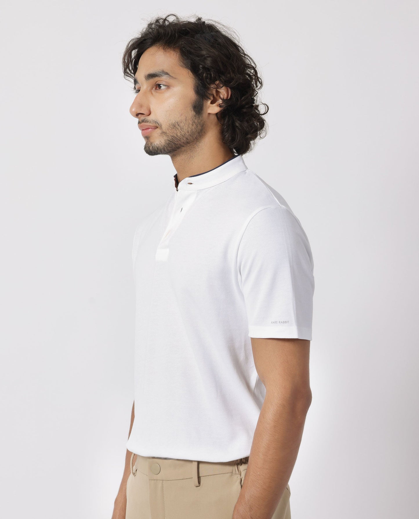 Rare Rabbit Men's Barrie White Cotton Fabric Mandarin Collar Half Sleeves Polo T-Shirt