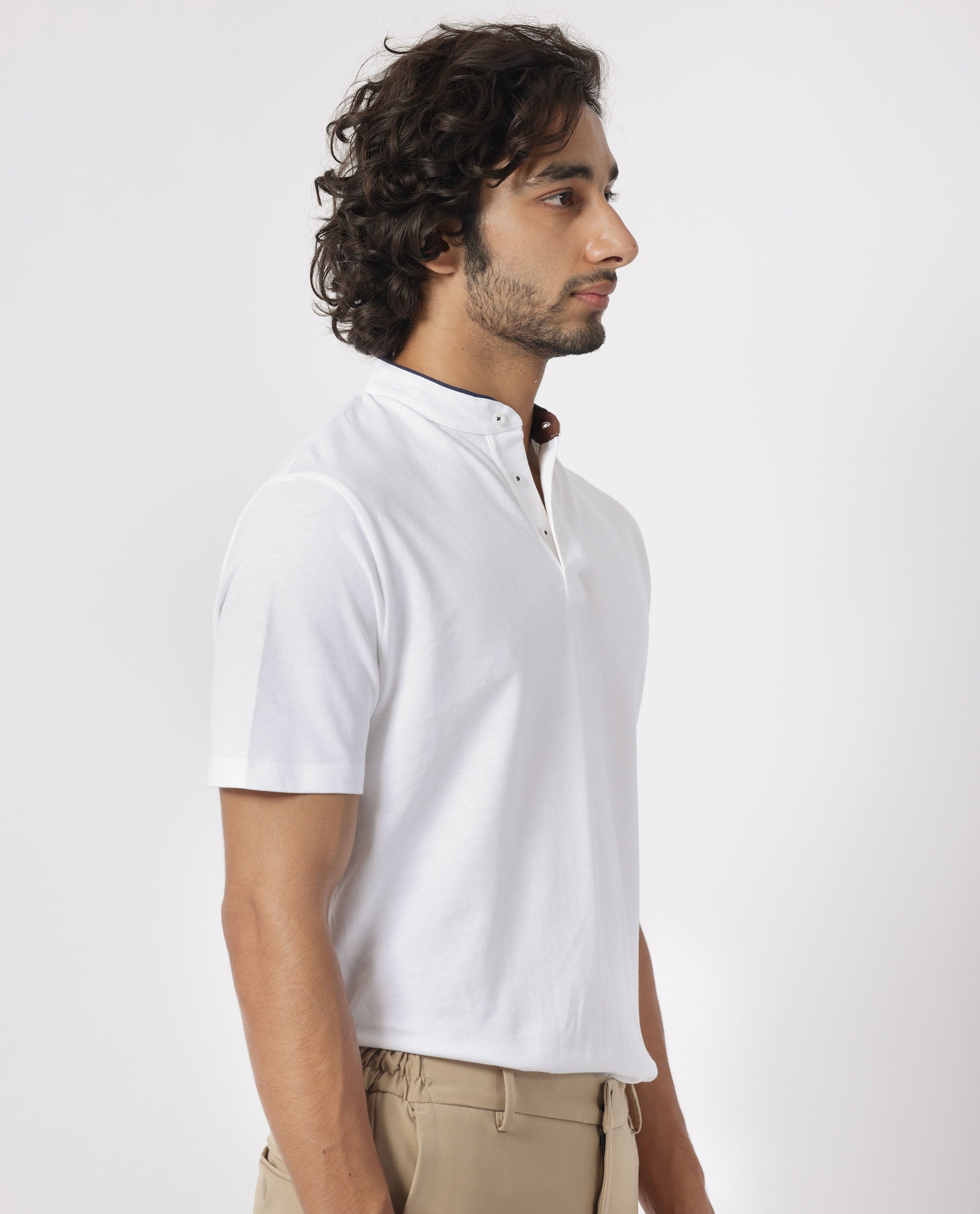 Rare Rabbit Men's Barrie White Cotton Fabric Mandarin Collar Half Sleeves Polo T-Shirt
