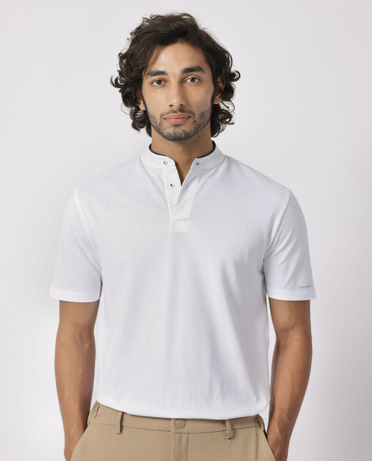 Rare Rabbit Men's Barrie White Cotton Fabric Mandarin Collar Half Sleeves Polo T-Shirt