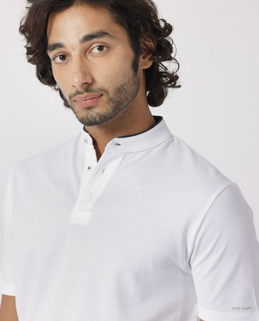 Rare Rabbit Men's Barrie White Cotton Fabric Mandarin Collar Half Sleeves Polo T-Shirt