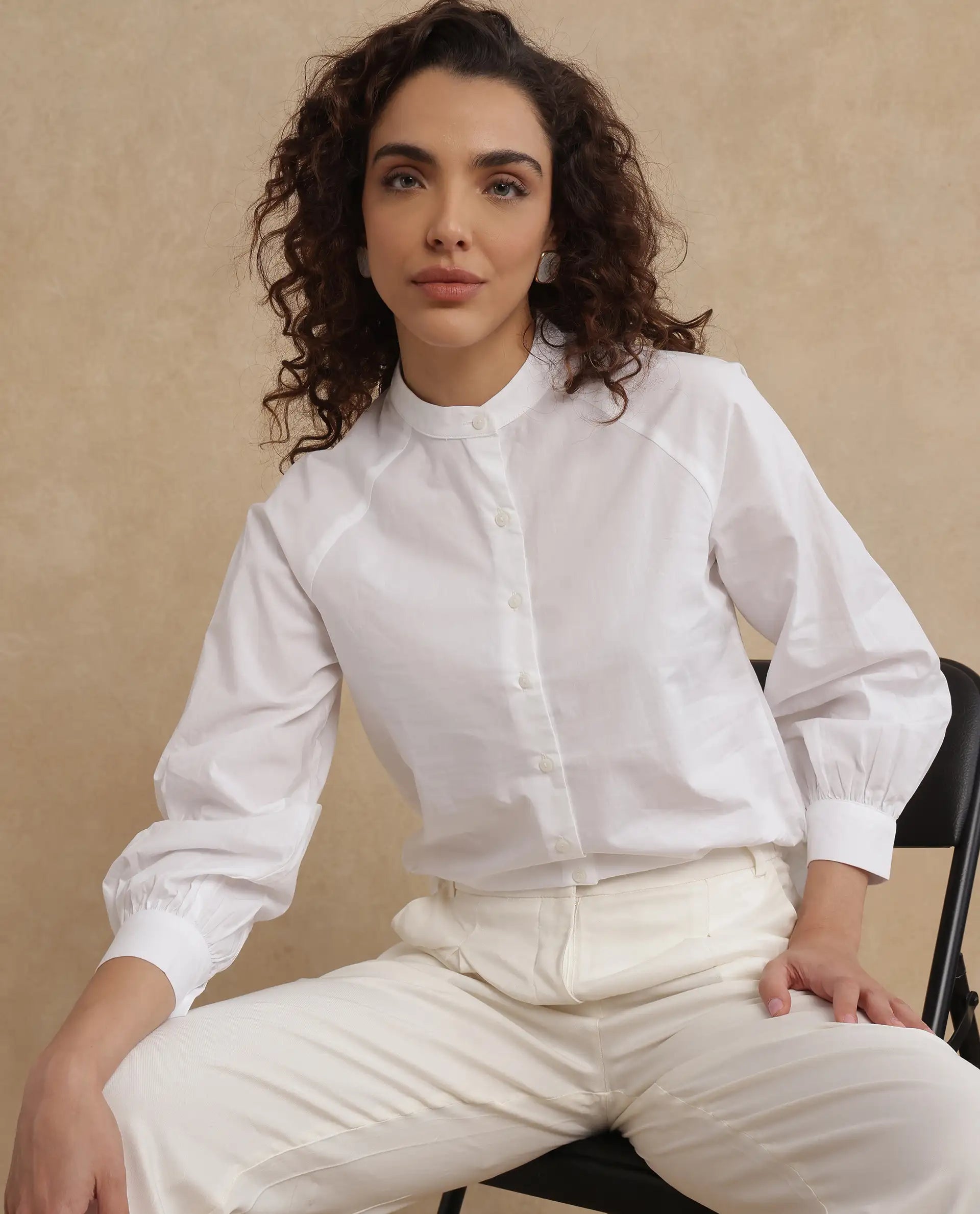 Rareism Women Bartpo White Full Sleeve Ruffled Neck Plain Top