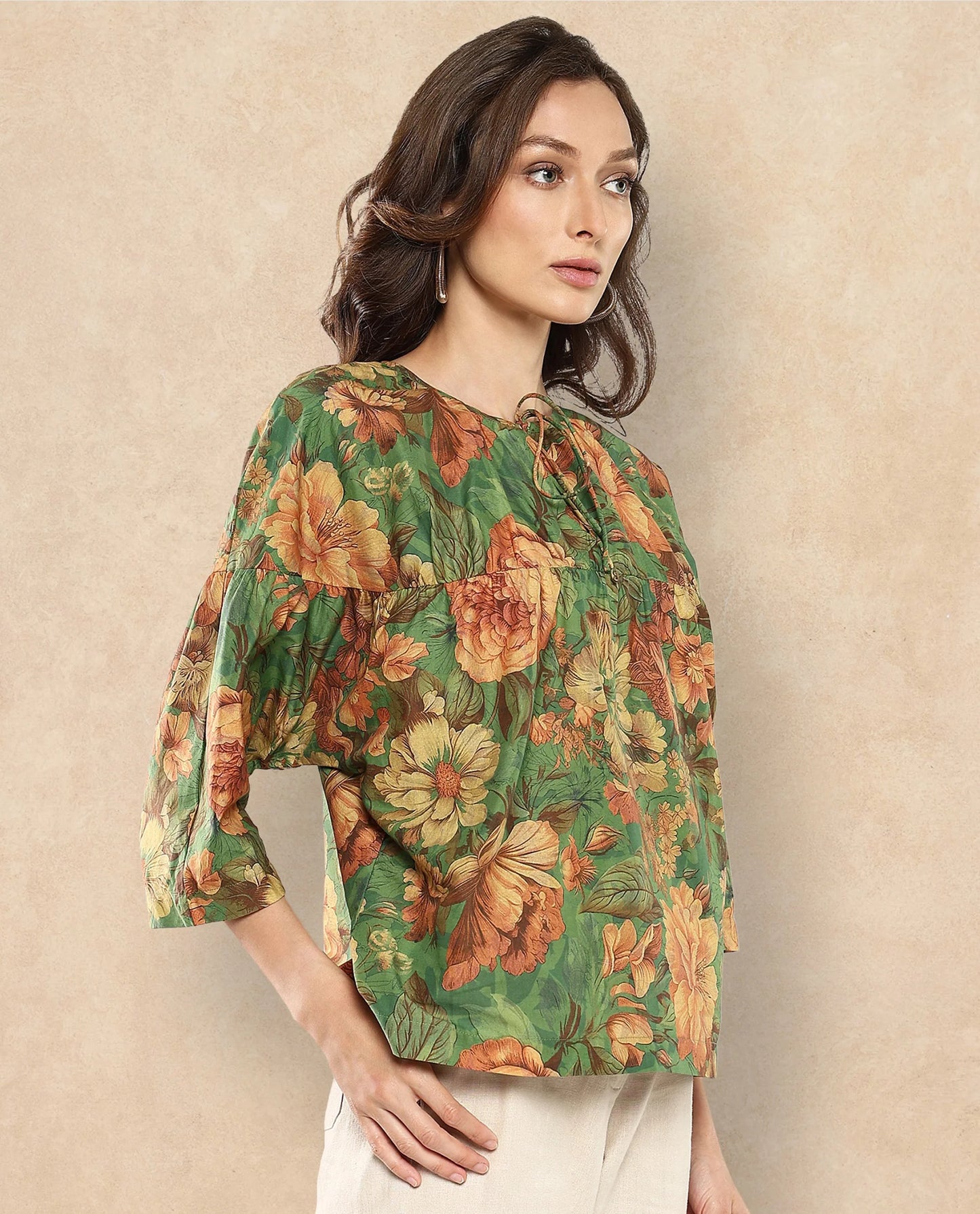 Rareism Women Baudel Green Kimono Sleeve Tie-Up Neck Tie Up Closure Relaxed Fit Floral Print Top