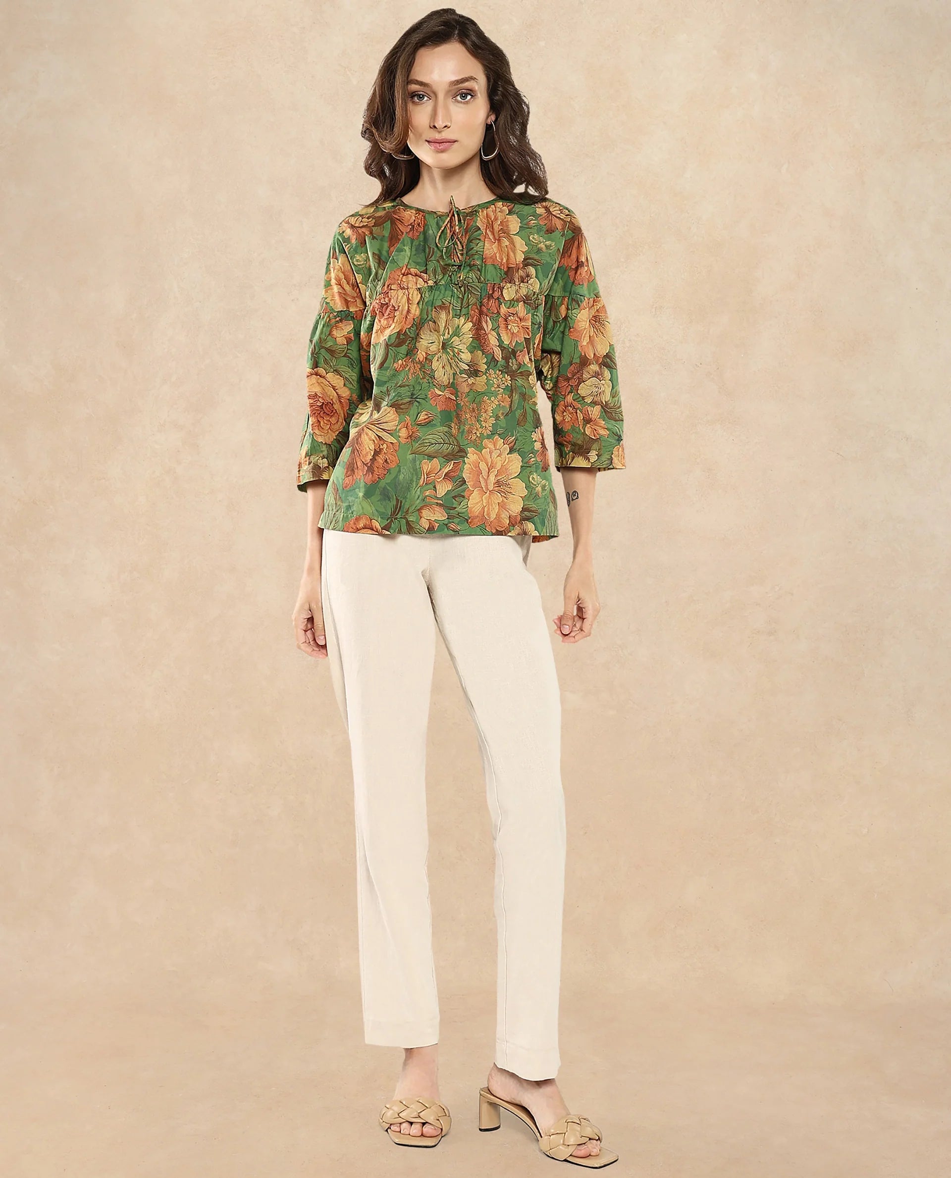 Rareism Women Baudel Green Kimono Sleeve Tie-Up Neck Tie Up Closure Relaxed Fit Floral Print Top
