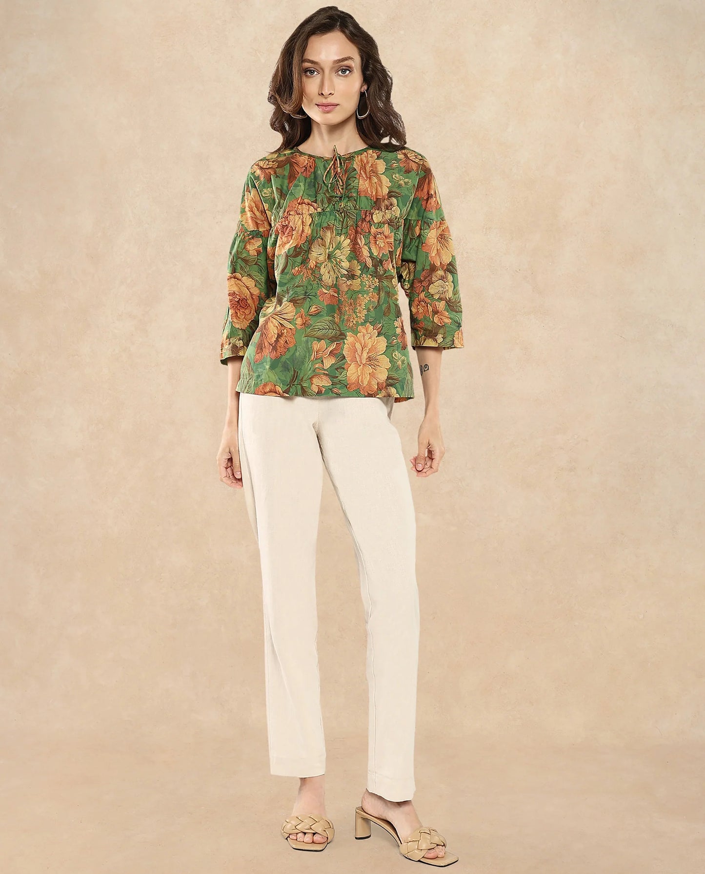 Rareism Women Baudel Green Kimono Sleeve Tie-Up Neck Tie Up Closure Relaxed Fit Floral Print Top