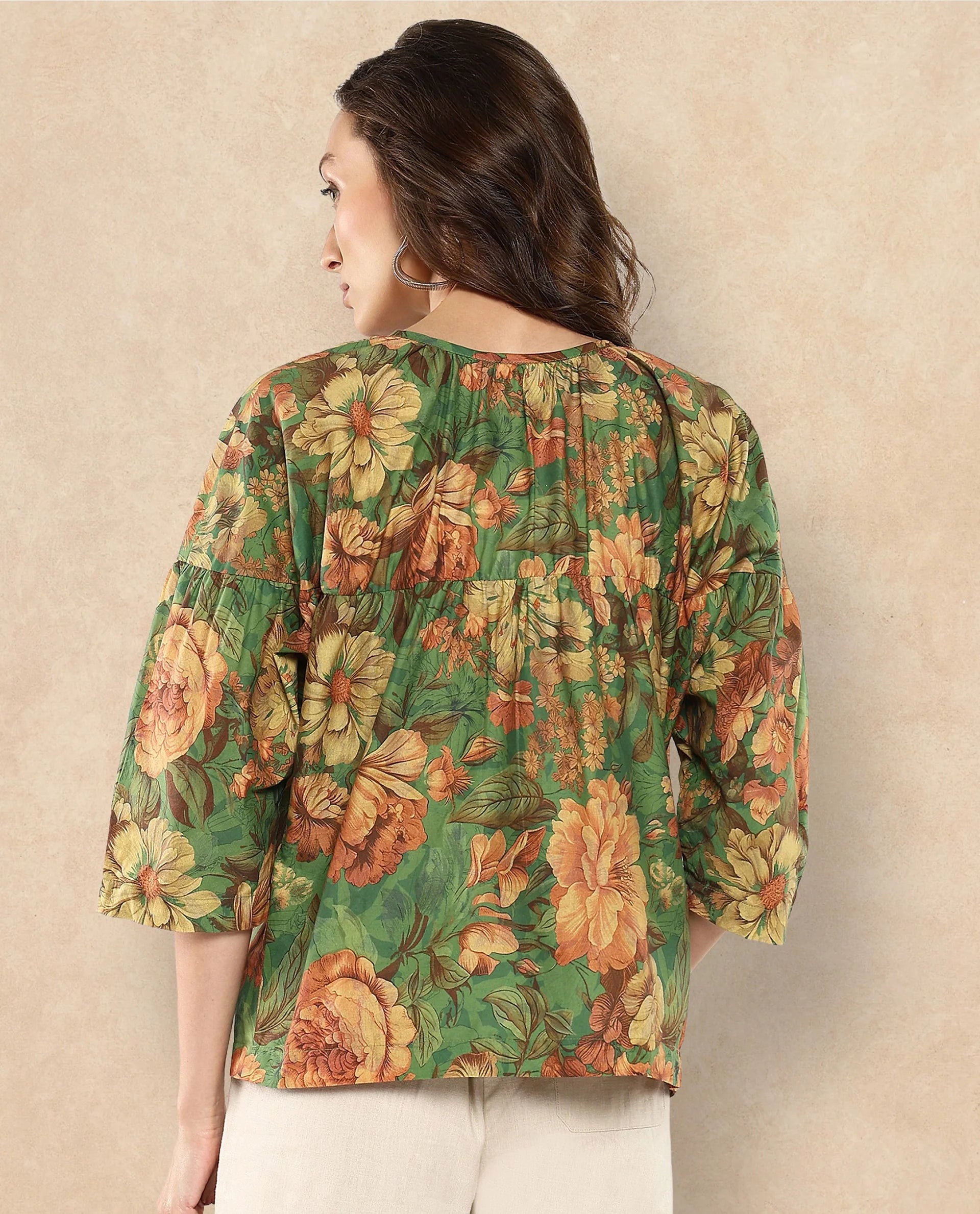 Rareism Women Baudel Green Kimono Sleeve Tie-Up Neck Tie Up Closure Relaxed Fit Floral Print Top