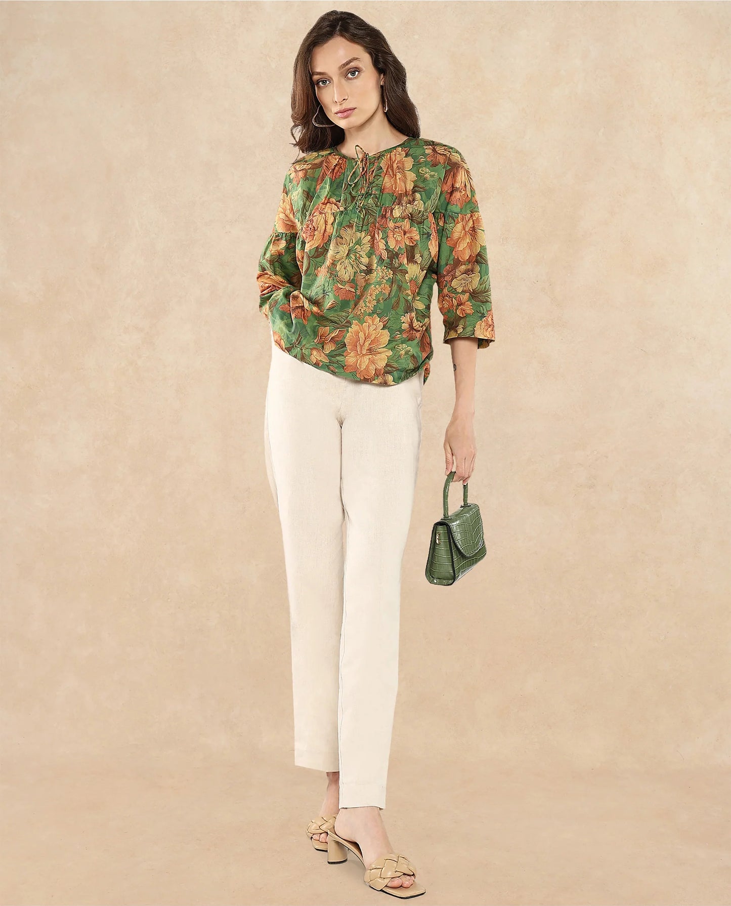 Rareism Women Baudel Green Kimono Sleeve Tie-Up Neck Tie Up Closure Relaxed Fit Floral Print Top