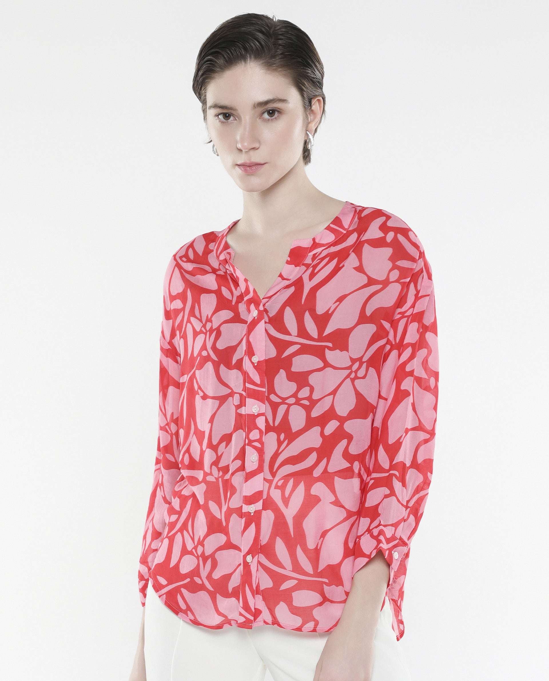 Rareism Women Bayton Red Button Closure Cuffed Sleeve Mandarin Collar Relaxed Fit Floral Print Top