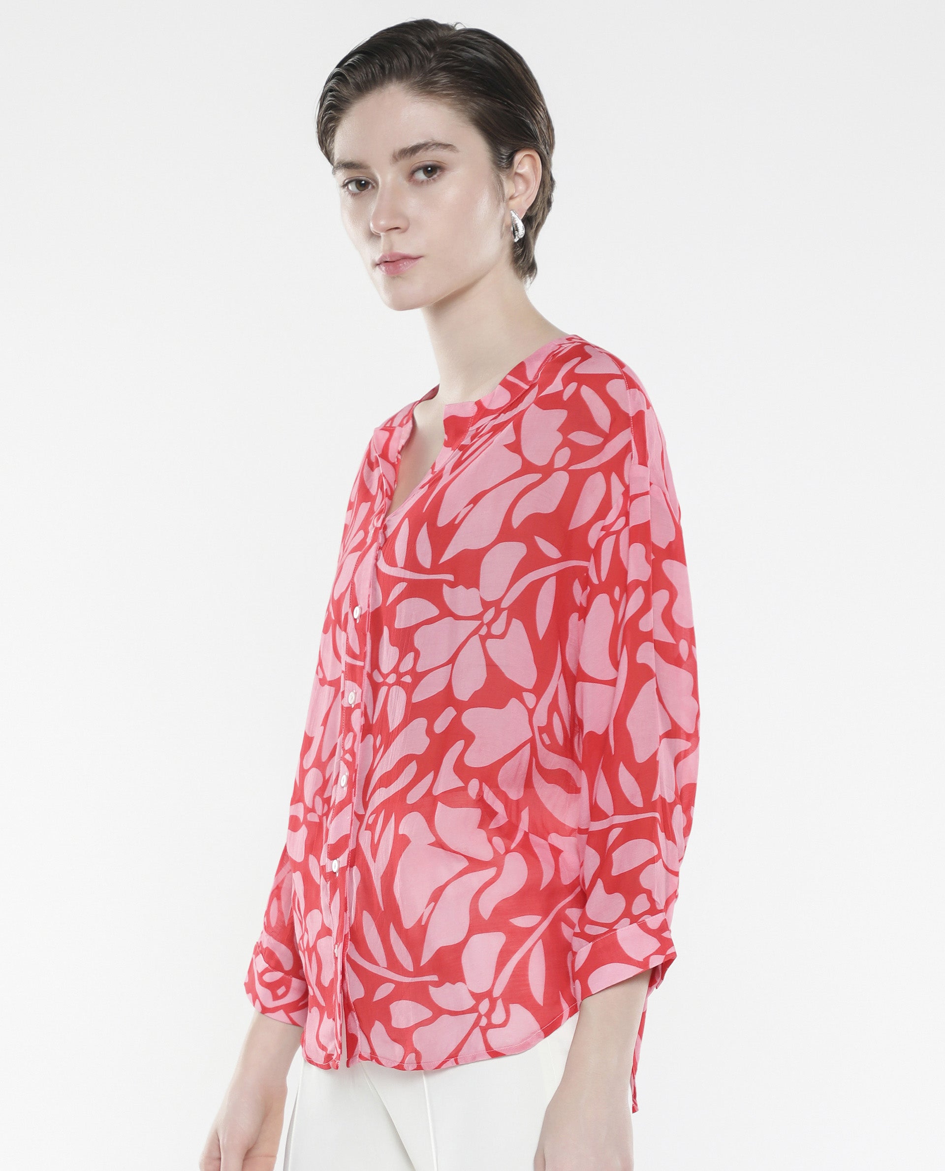 Rareism Women Bayton Red Button Closure Cuffed Sleeve Mandarin Collar Relaxed Fit Floral Print Top