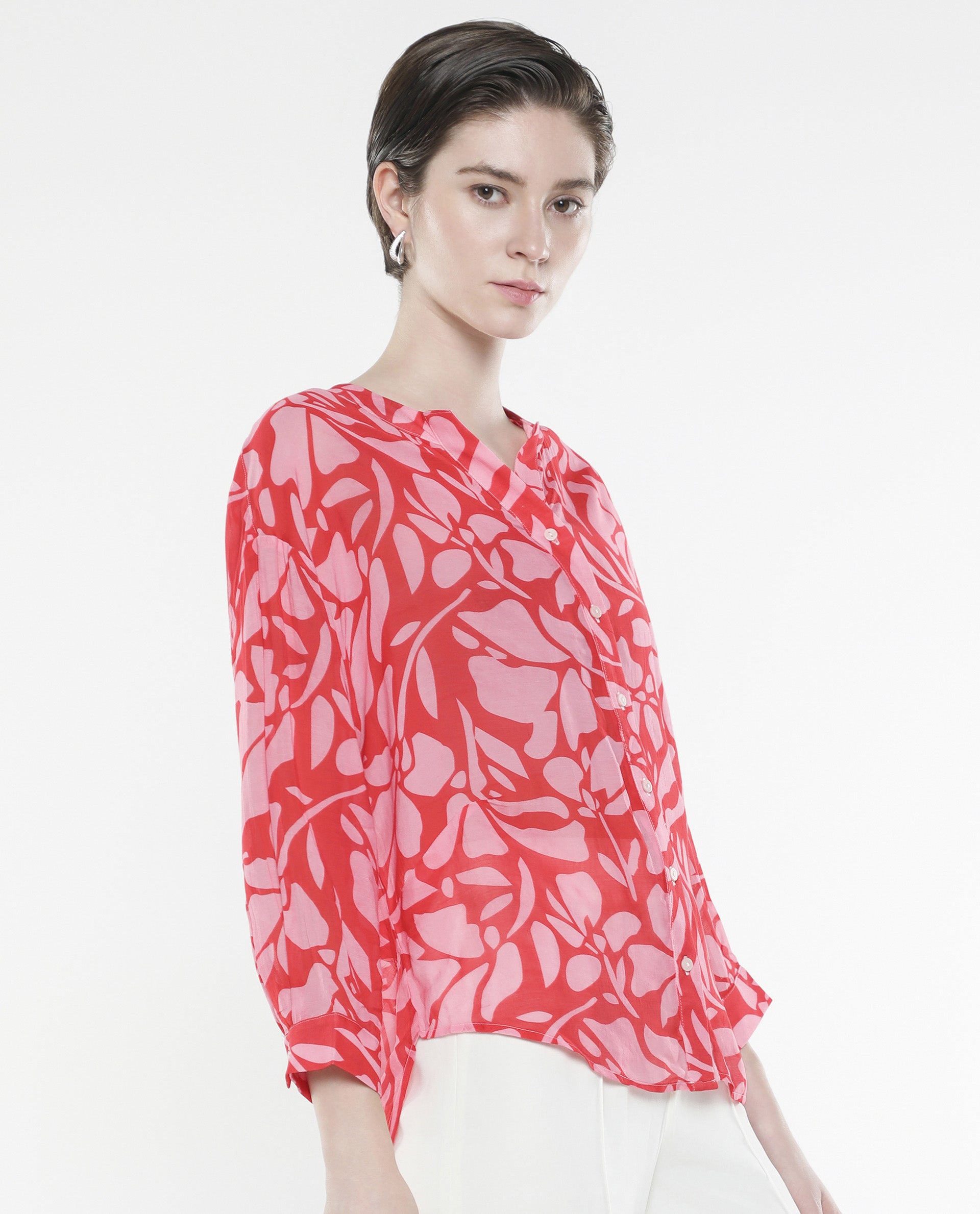 Rareism Women Bayton Red Button Closure Cuffed Sleeve Mandarin Collar Relaxed Fit Floral Print Top