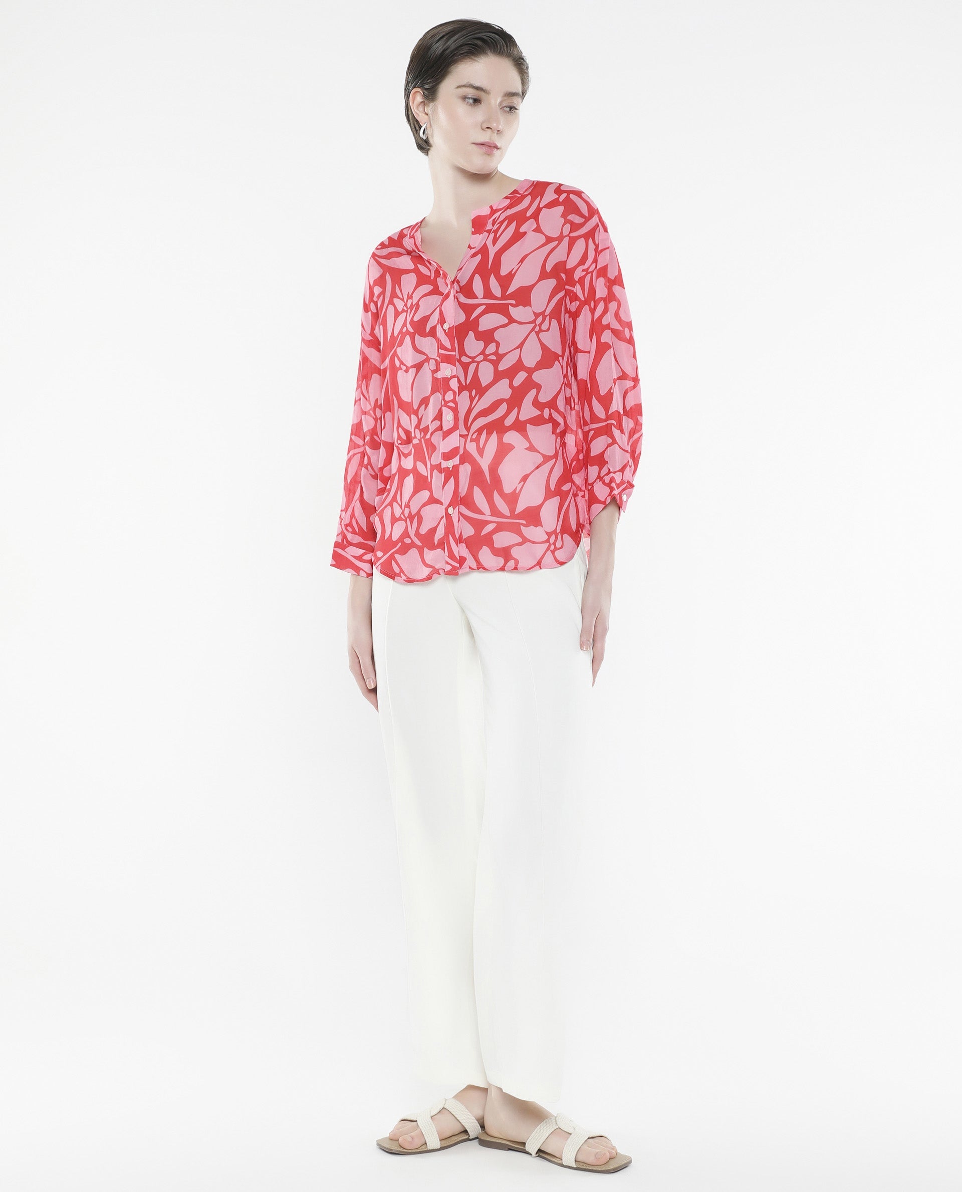 Rareism Women Bayton Red Button Closure Cuffed Sleeve Mandarin Collar Relaxed Fit Floral Print Top