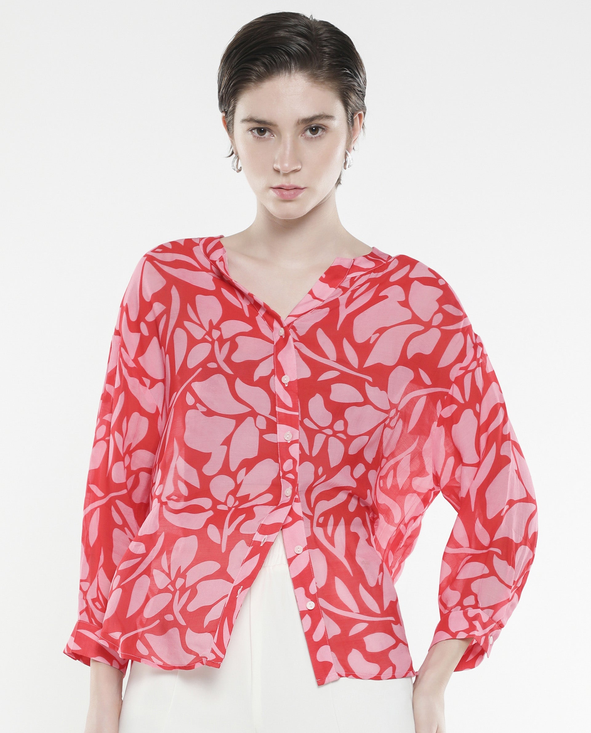 Rareism Women Bayton Red Button Closure Cuffed Sleeve Mandarin Collar Relaxed Fit Floral Print Top