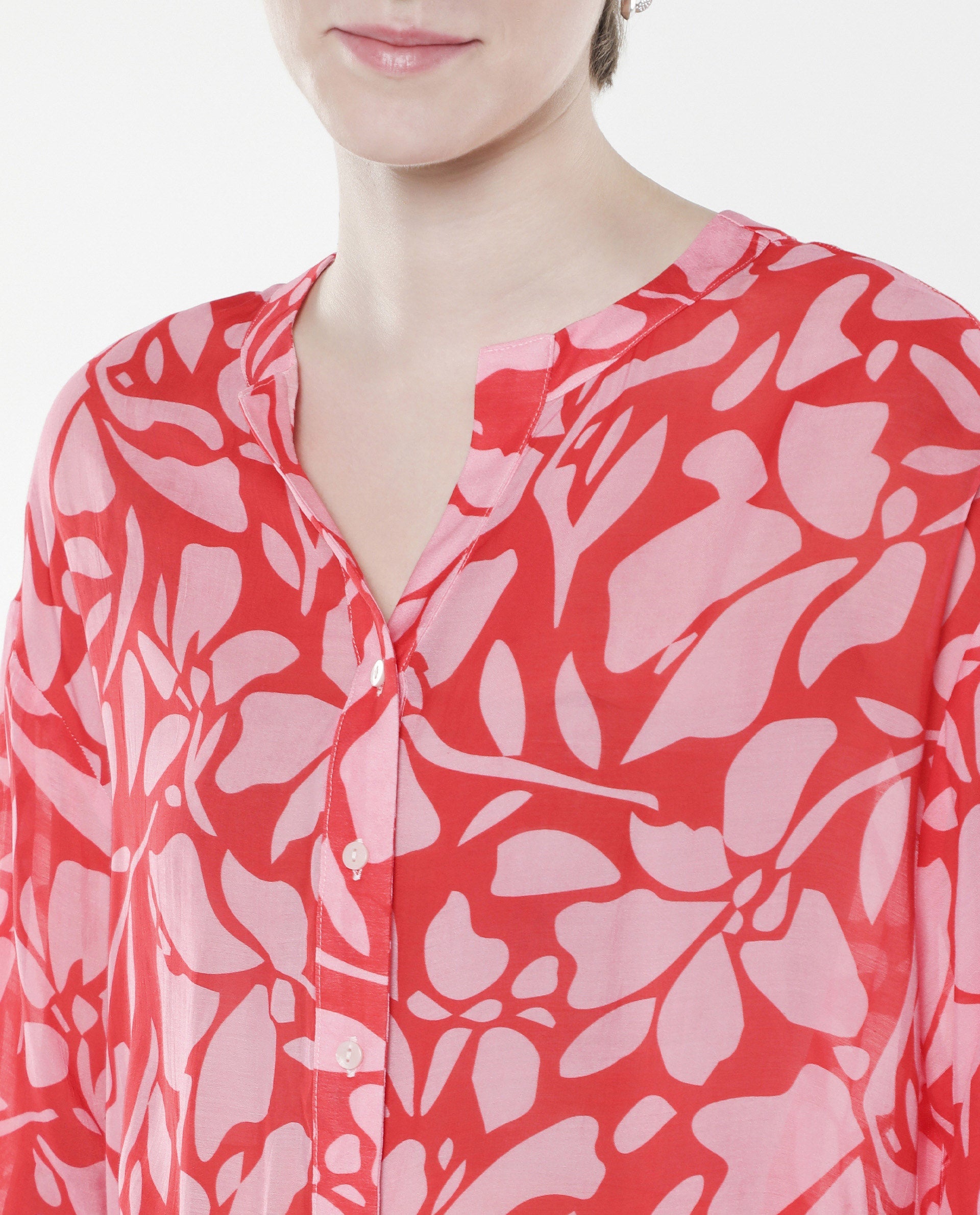 Rareism Women Bayton Red Button Closure Cuffed Sleeve Mandarin Collar Relaxed Fit Floral Print Top