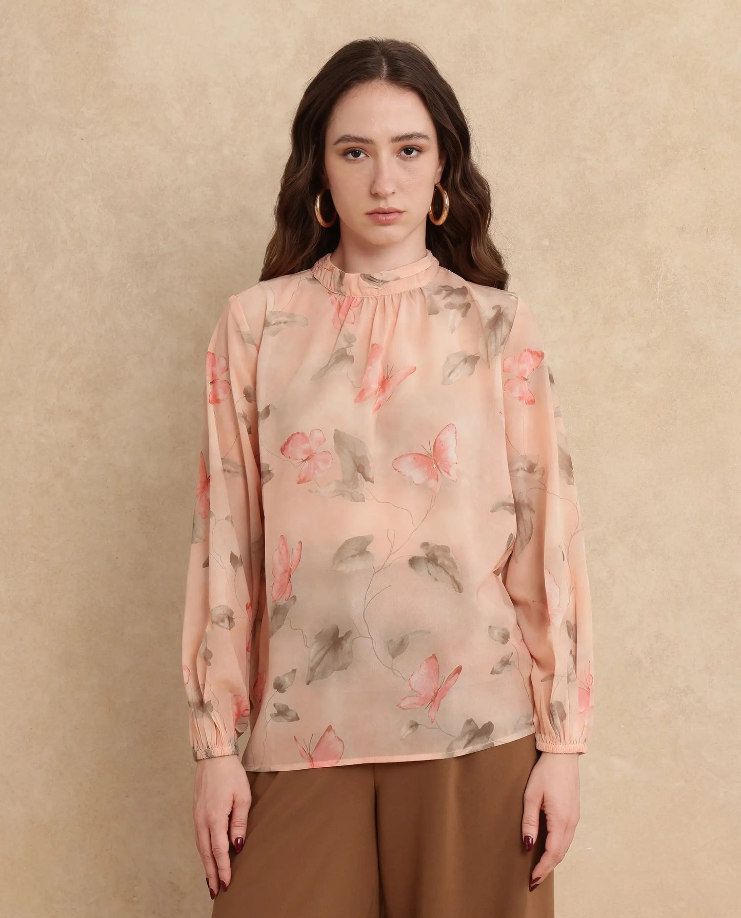 Rareism Women Blois Multi Bishop Sleeve High Neck Button Closure Object Print Top