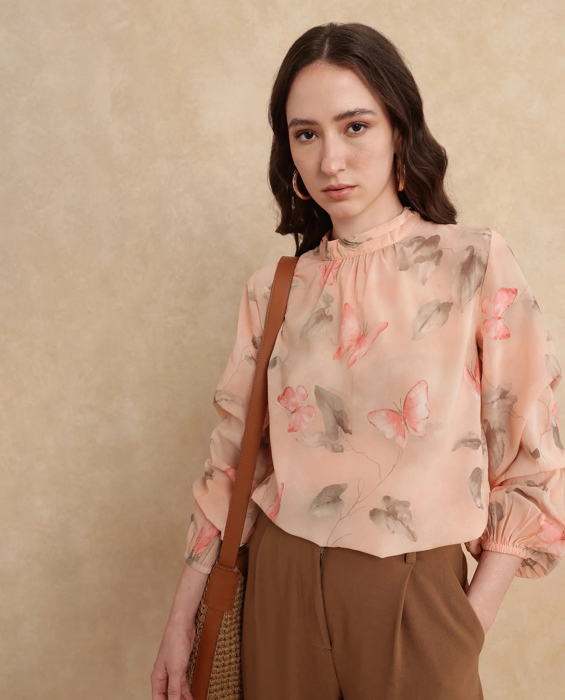 Rareism Women Blois Multi Bishop Sleeve High Neck Button Closure Object Print Top