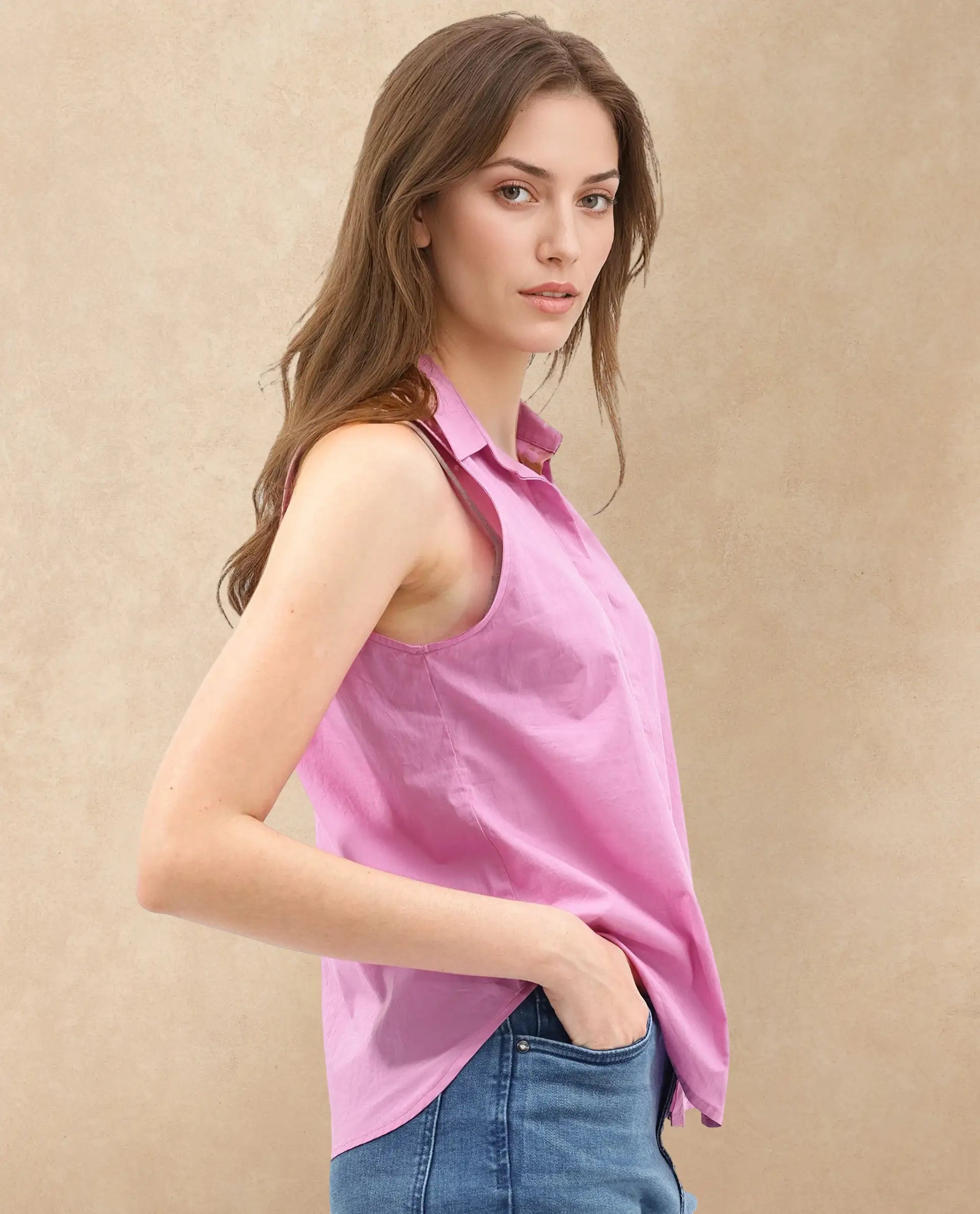 Rareism Women Blumoon Pink Cotton Fabric Sleeveless Collared Neck Button Closure Solid Regular Fit Top