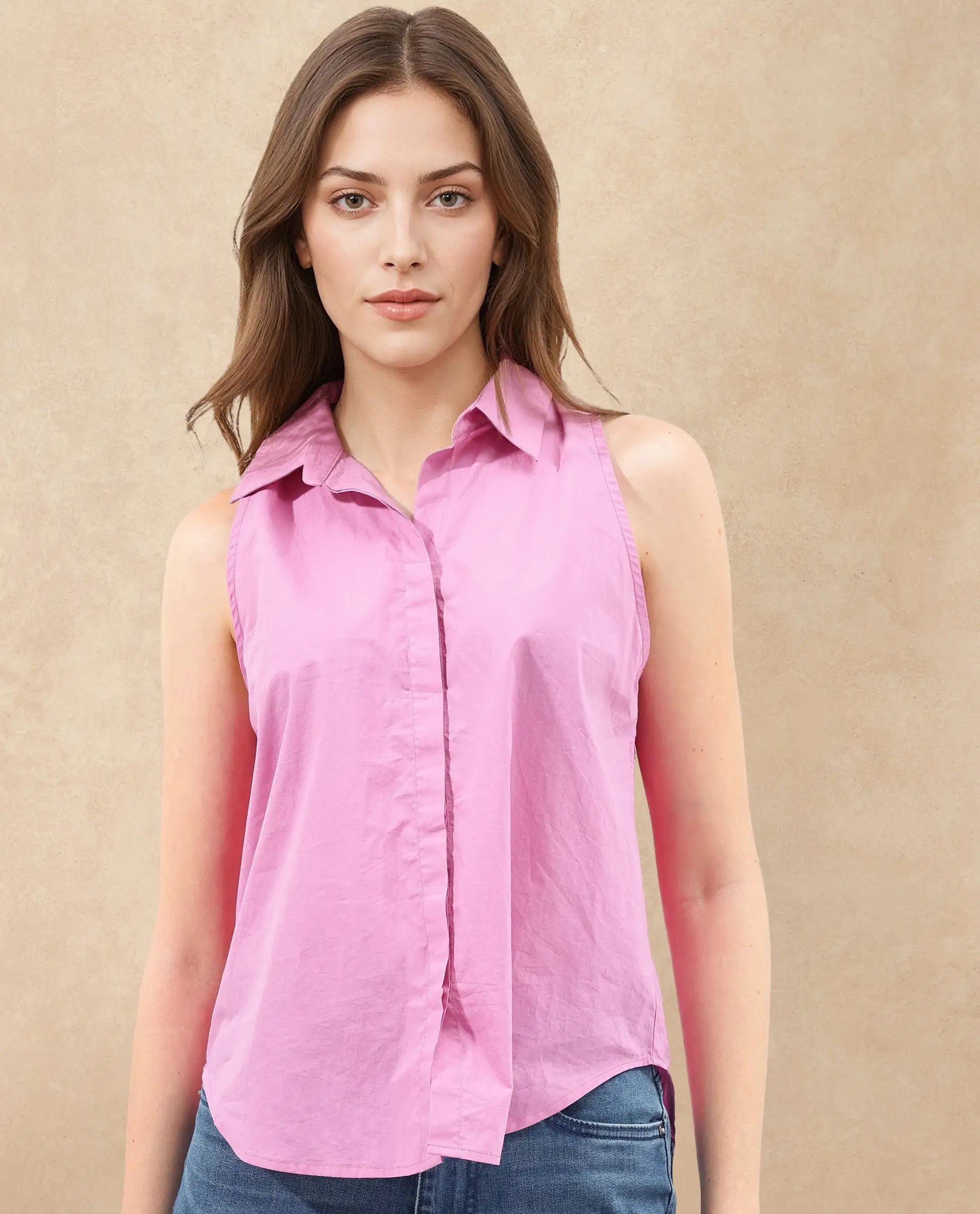 Rareism Women Blumoon Pink Cotton Fabric Sleeveless Collared Neck Button Closure Solid Regular Fit Top