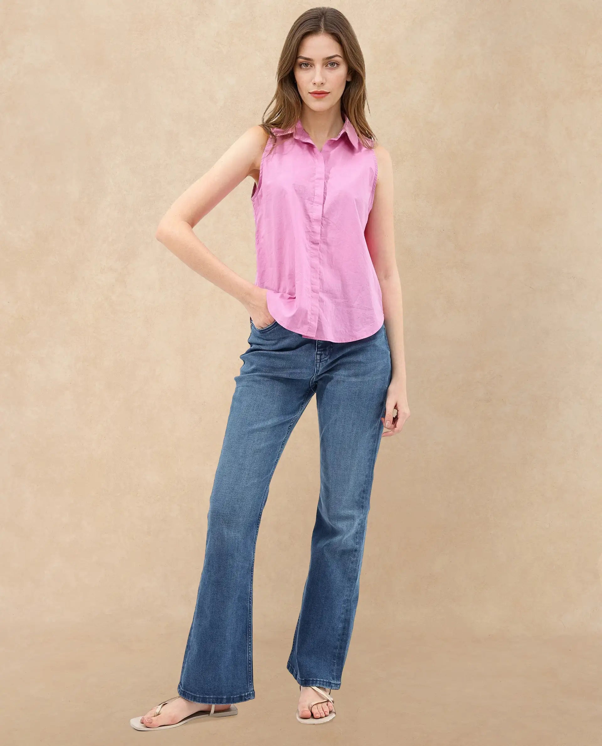 Rareism Women Blumoon Pink Cotton Fabric Sleeveless Collared Neck Button Closure Solid Regular Fit Top