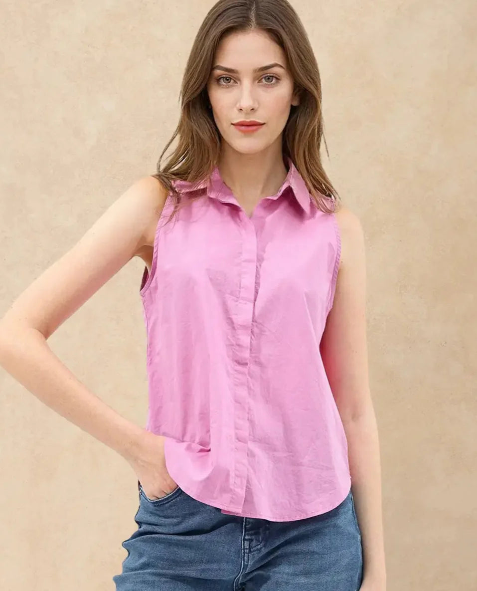Rareism Women Blumoon Pink Cotton Fabric Sleeveless Collared Neck Button Closure Solid Regular Fit Top