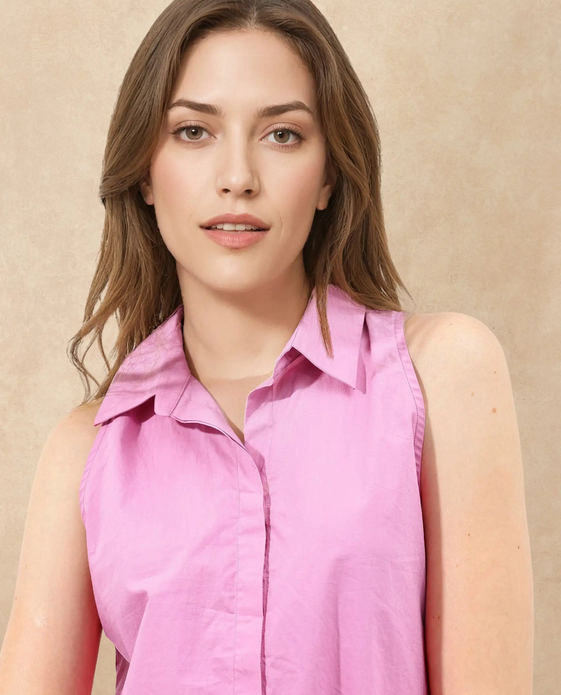Rareism Women Blumoon Pink Cotton Fabric Sleeveless Collared Neck Button Closure Solid Regular Fit Top
