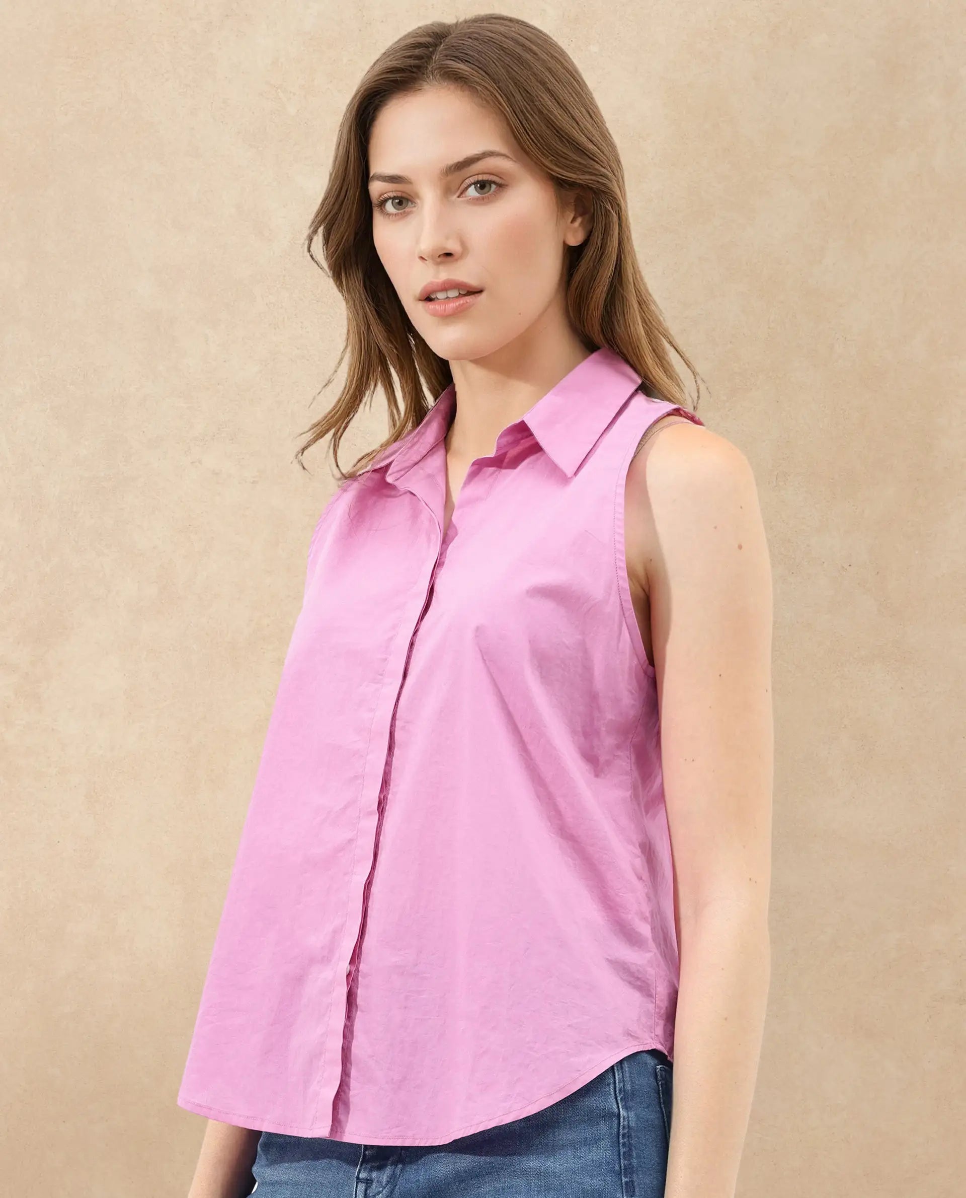 Rareism Women Blumoon Pink Cotton Fabric Sleeveless Collared Neck Button Closure Solid Regular Fit Top