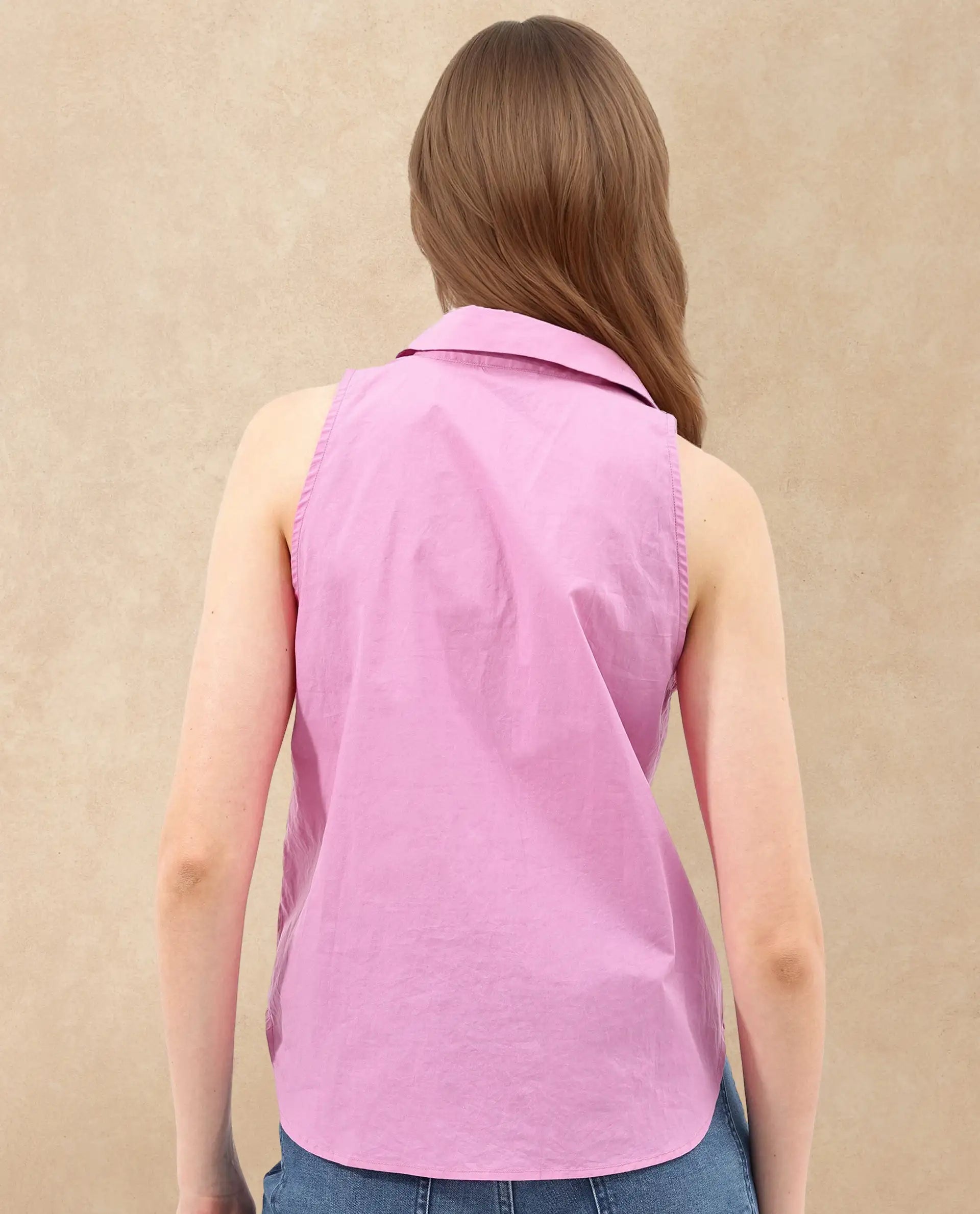 Rareism Women Blumoon Pink Cotton Fabric Sleeveless Collared Neck Button Closure Solid Regular Fit Top