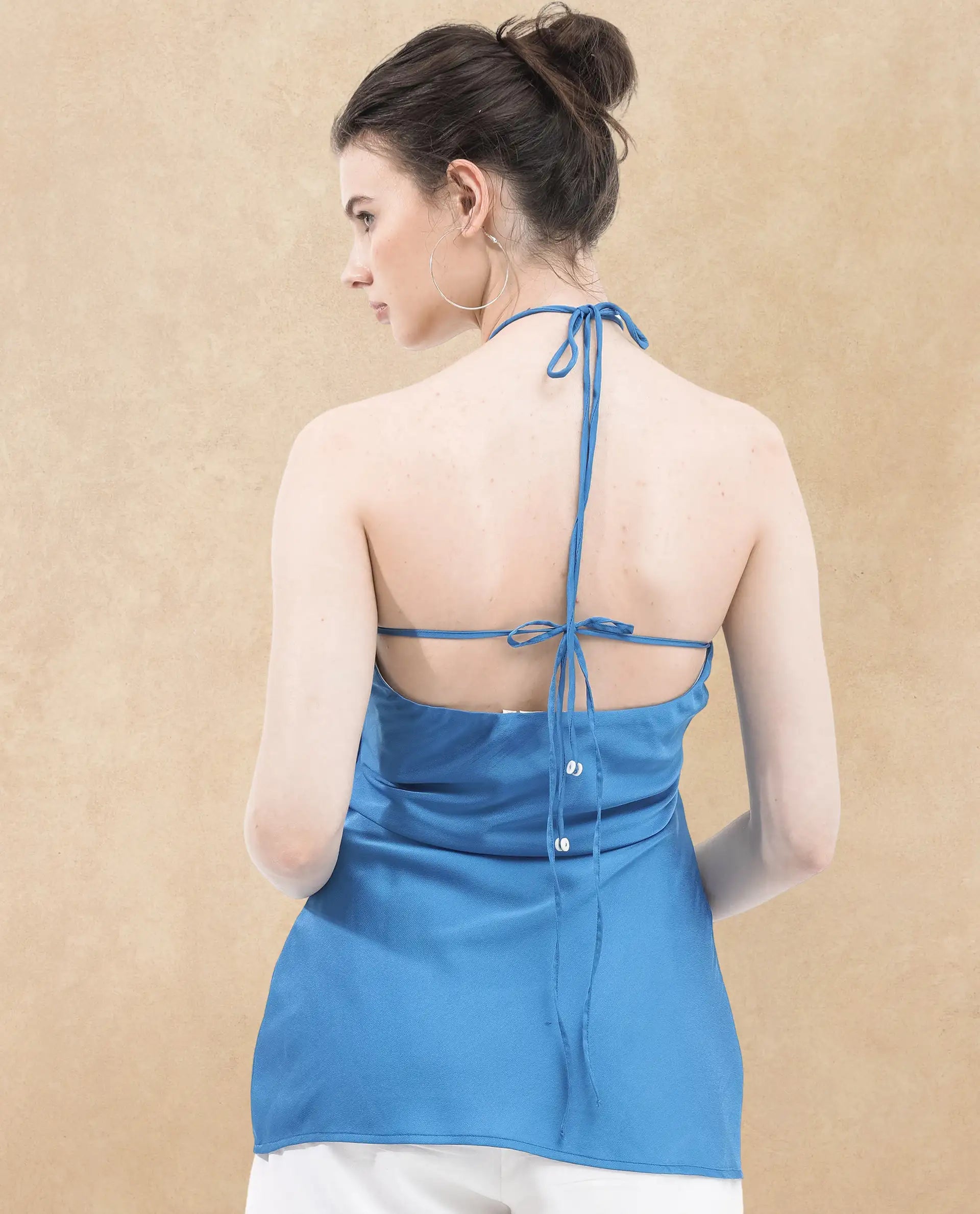 Rareism Women Bluray Fluorescent Blue Polyester Fabric Zip Closure Halter Neck Sleeveless Regular Fit Plain Top