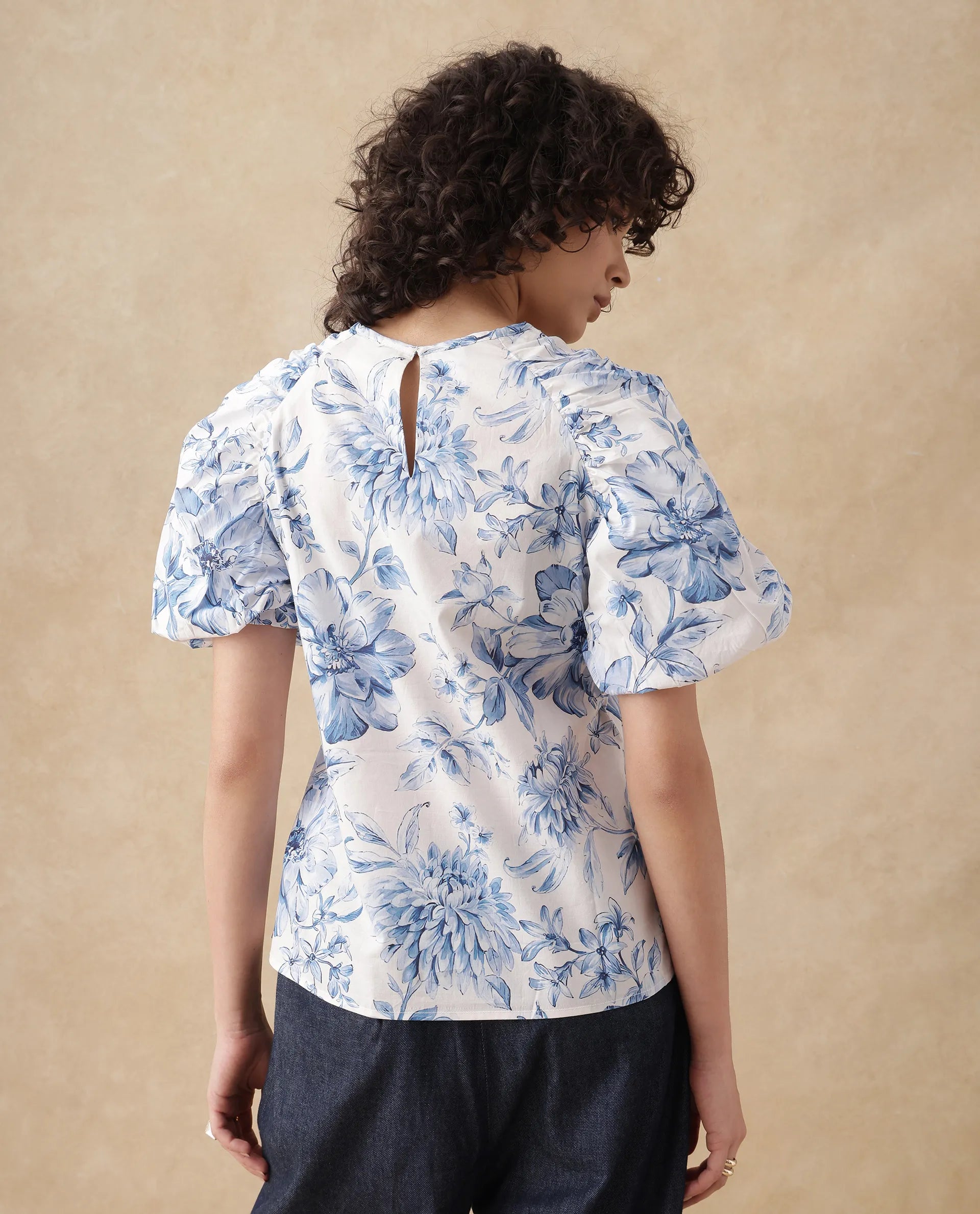 Rareism Women Bobbie Blue Raglan Sleeves Collared Neck Button Closure Floral Print Top