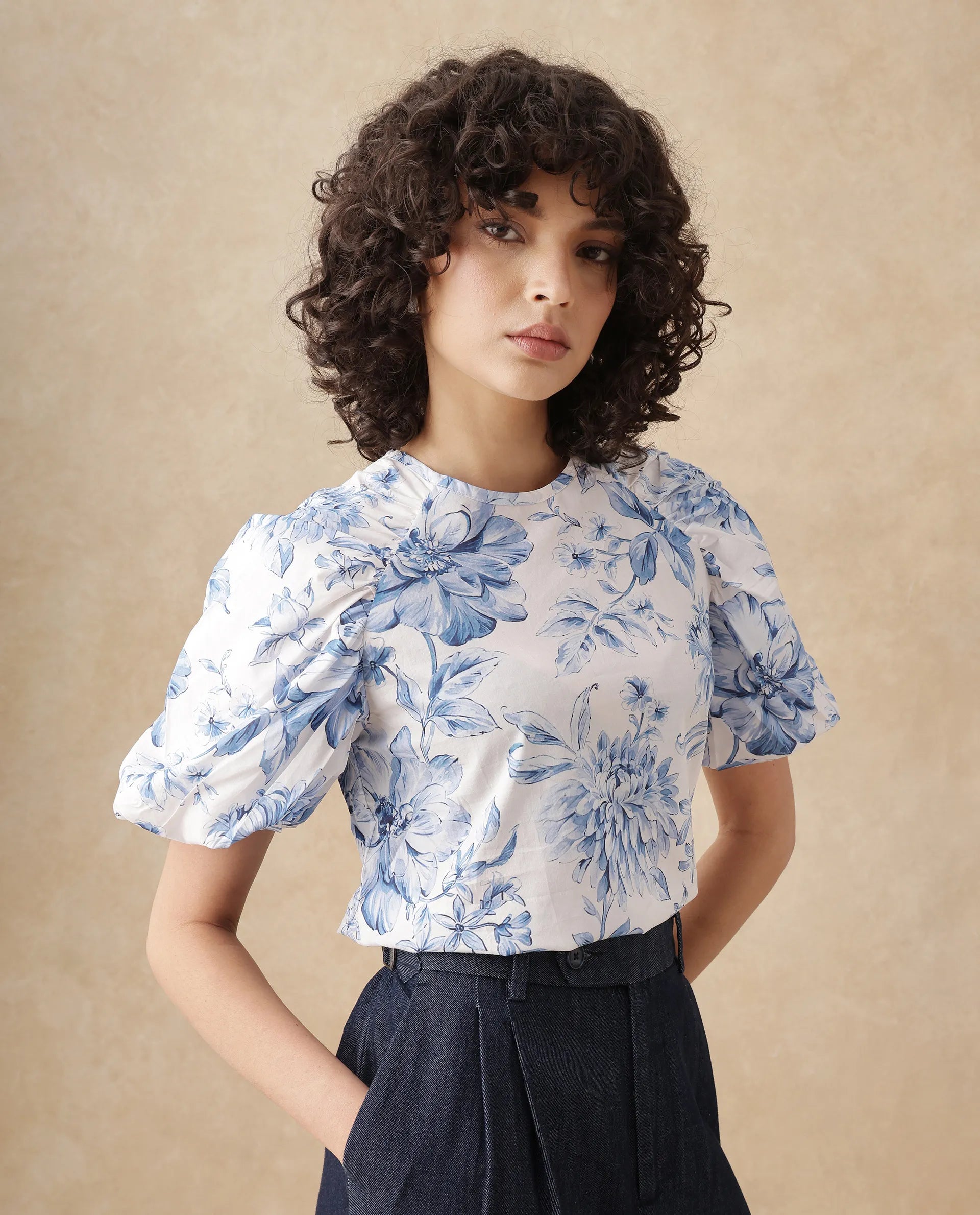 Rareism Women Bobbie Blue Raglan Sleeves Collared Neck Button Closure Floral Print Top