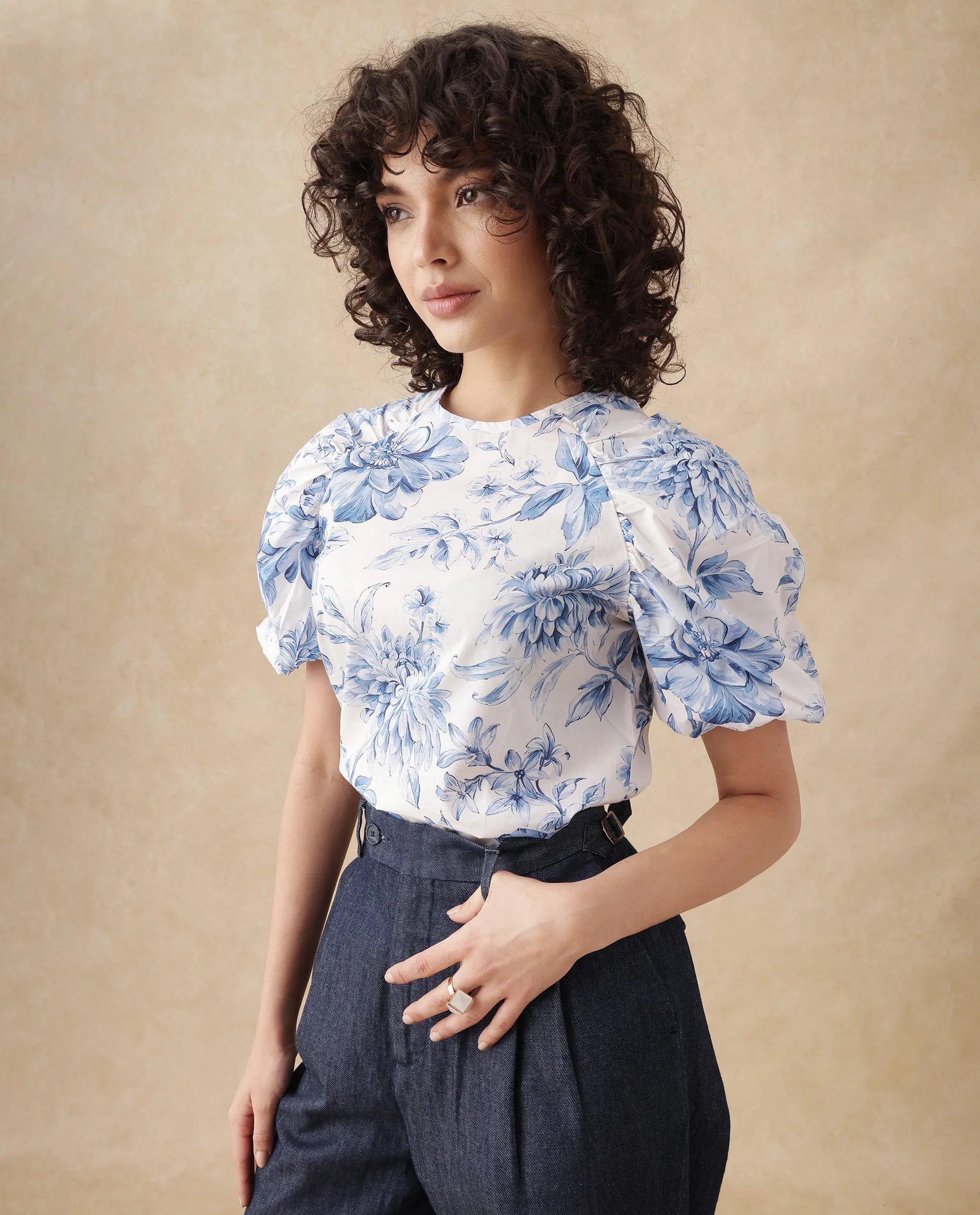 Rareism Women Bobbie Blue Raglan Sleeves Collared Neck Button Closure Floral Print Top