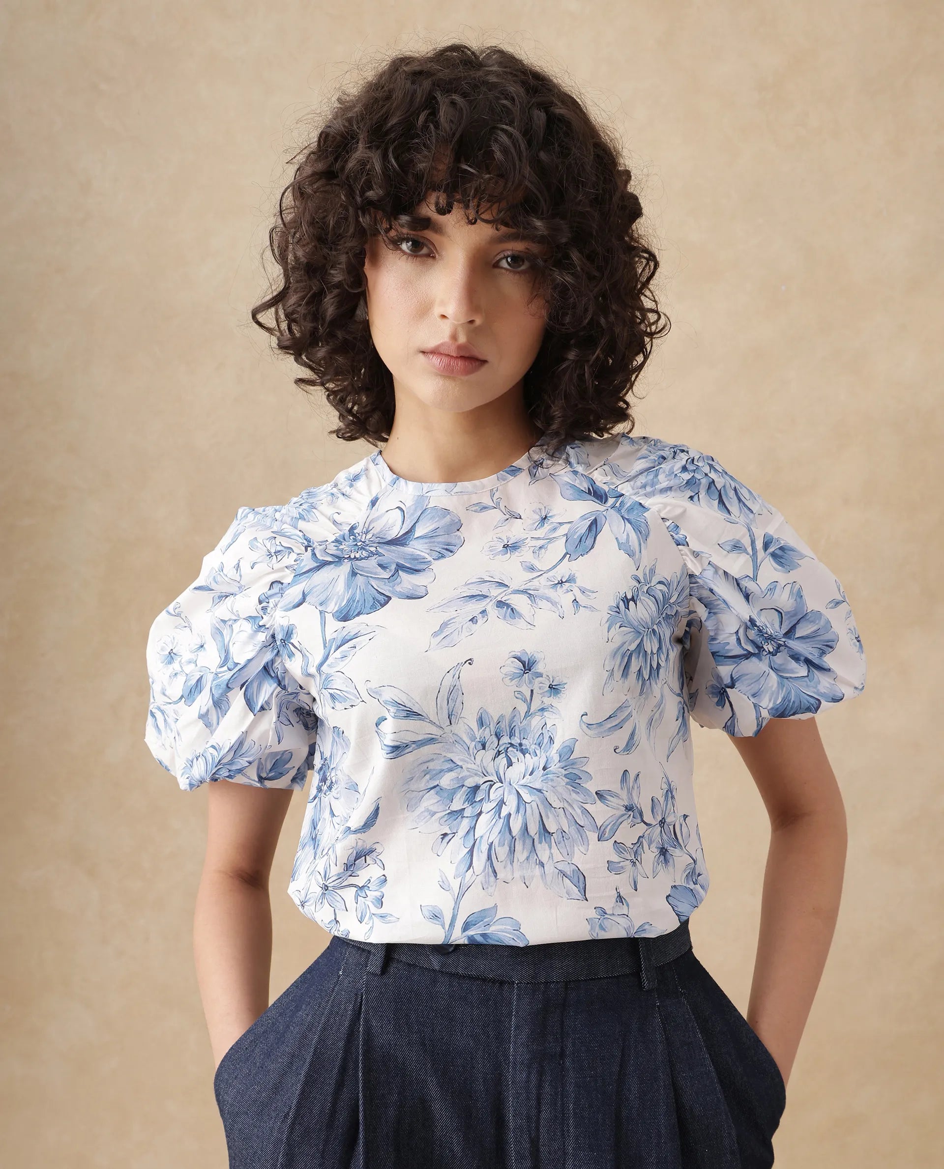 Rareism Women Bobbie Blue Raglan Sleeves Collared Neck Button Closure Floral Print Top