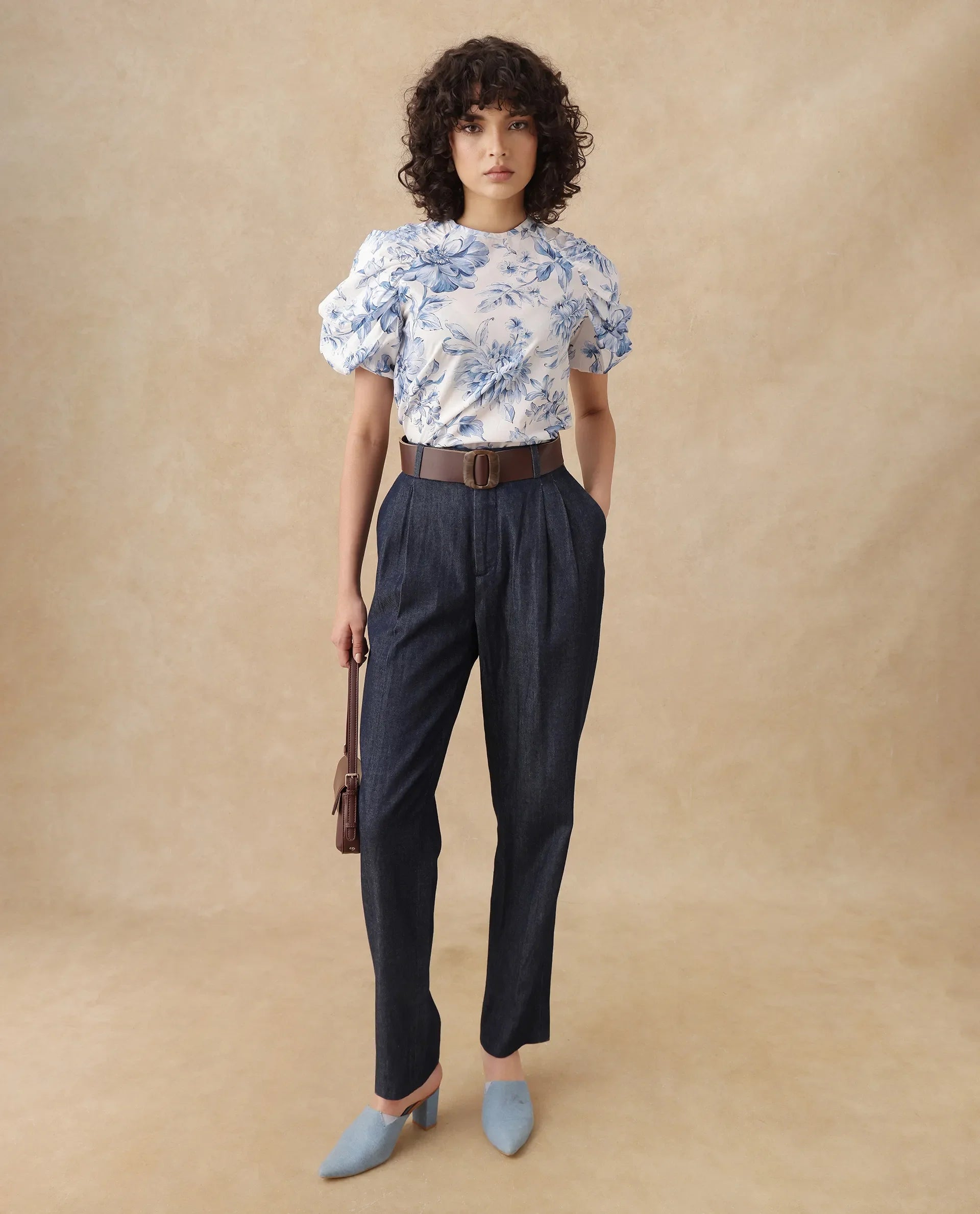 Rareism Women Bobbie Blue Raglan Sleeves Collared Neck Button Closure Floral Print Top