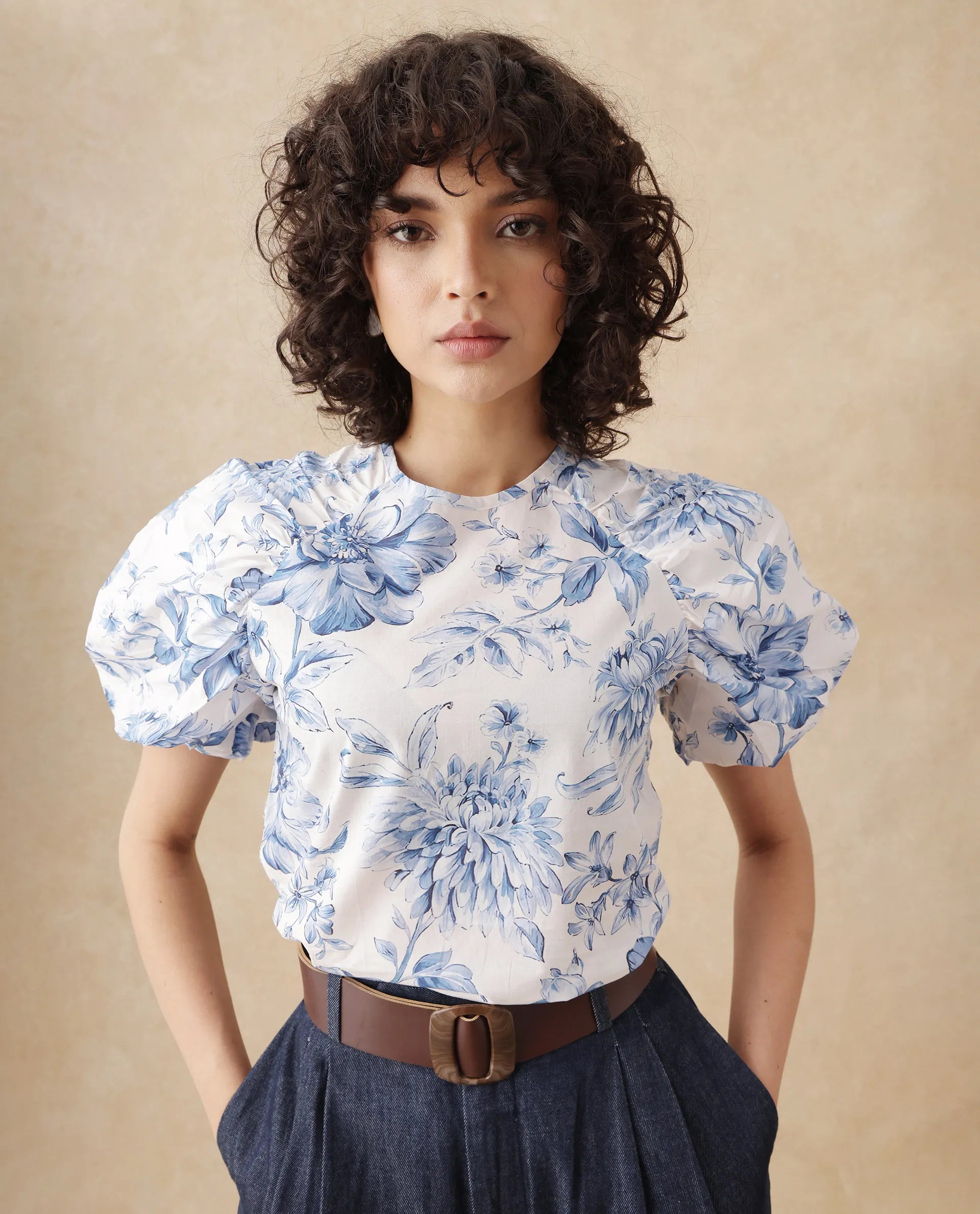 Rareism Women Bobbie Blue Raglan Sleeves Collared Neck Button Closure Floral Print Top