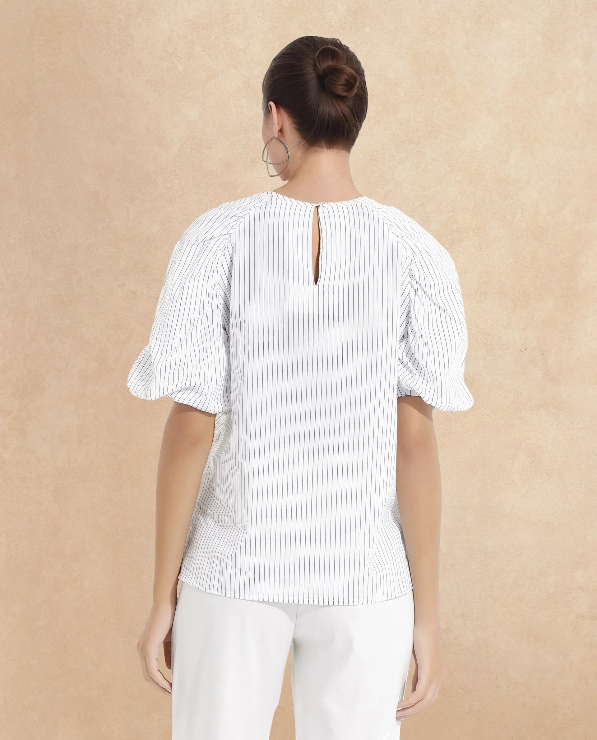 Rareism Women Bobb White Raglan Sleeves Collared Neck Button Closure Narrow Stripes Top