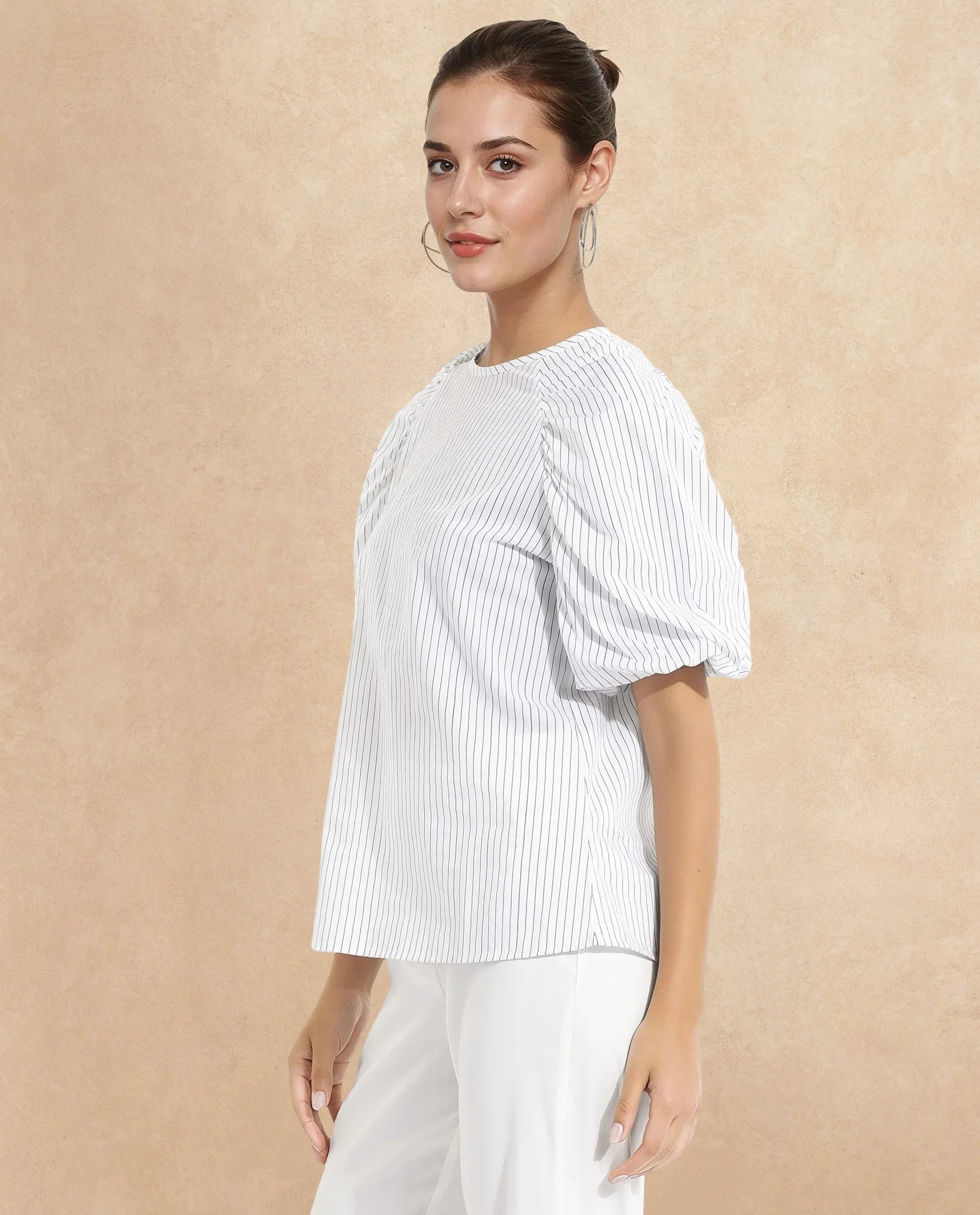 Rareism Women Bobb White Raglan Sleeves Collared Neck Button Closure Narrow Stripes Top