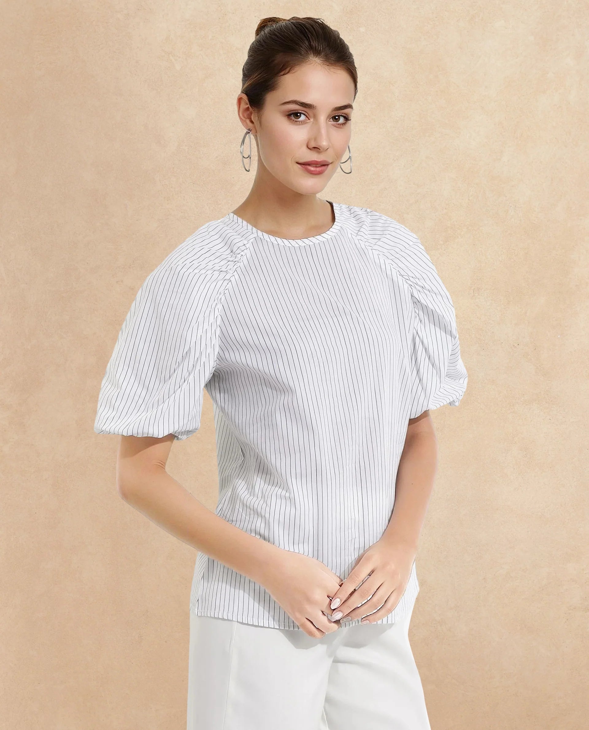 Rareism Women Bobb White Raglan Sleeves Collared Neck Button Closure Narrow Stripes Top