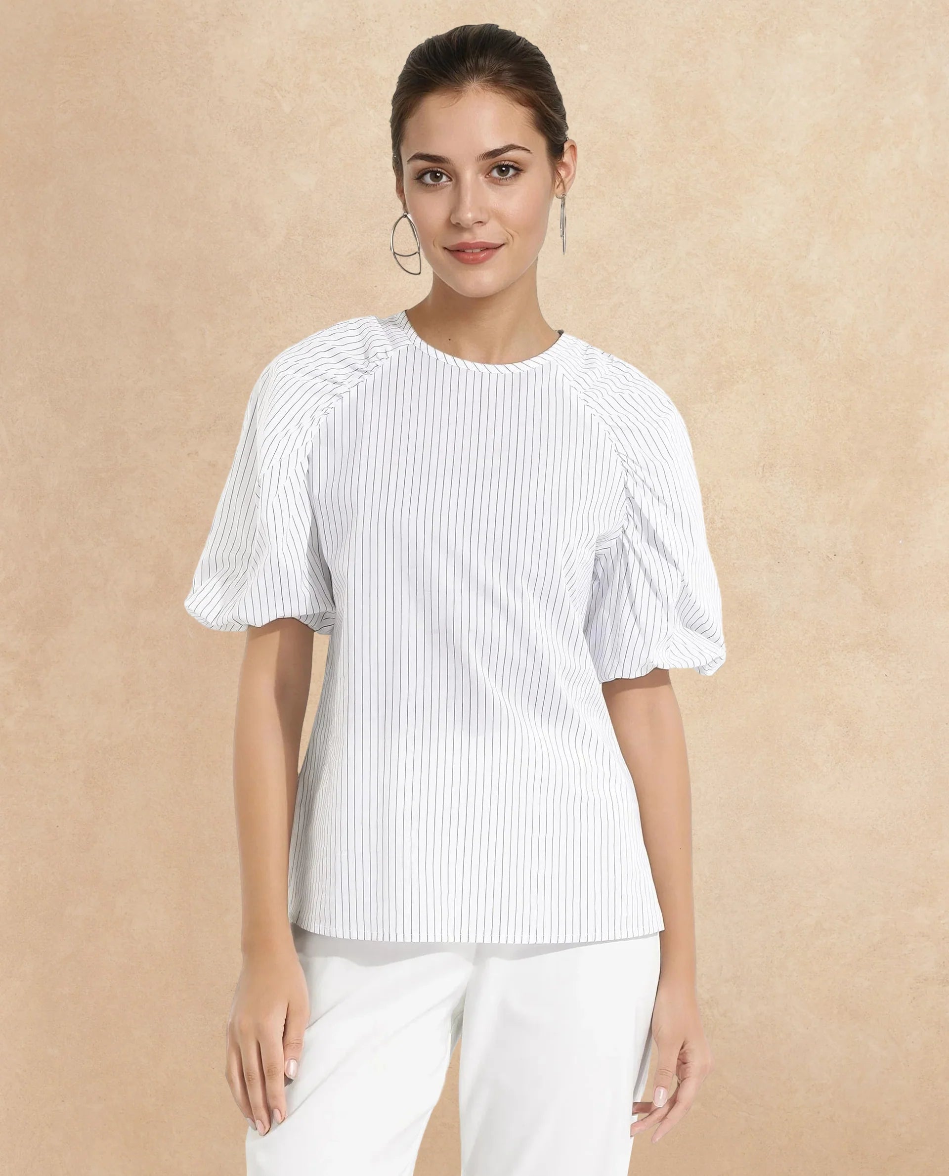 Rareism Women Bobb White Raglan Sleeves Collared Neck Button Closure Narrow Stripes Top