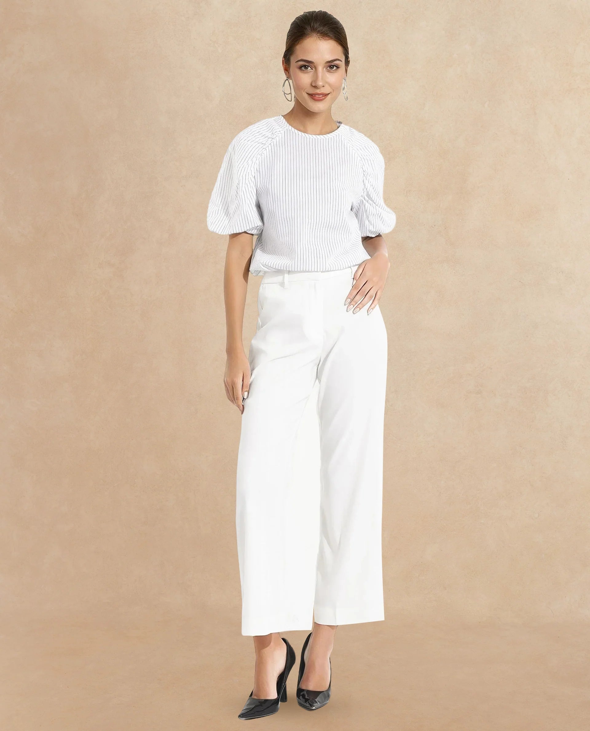 Rareism Women Bobb White Raglan Sleeves Collared Neck Button Closure Narrow Stripes Top