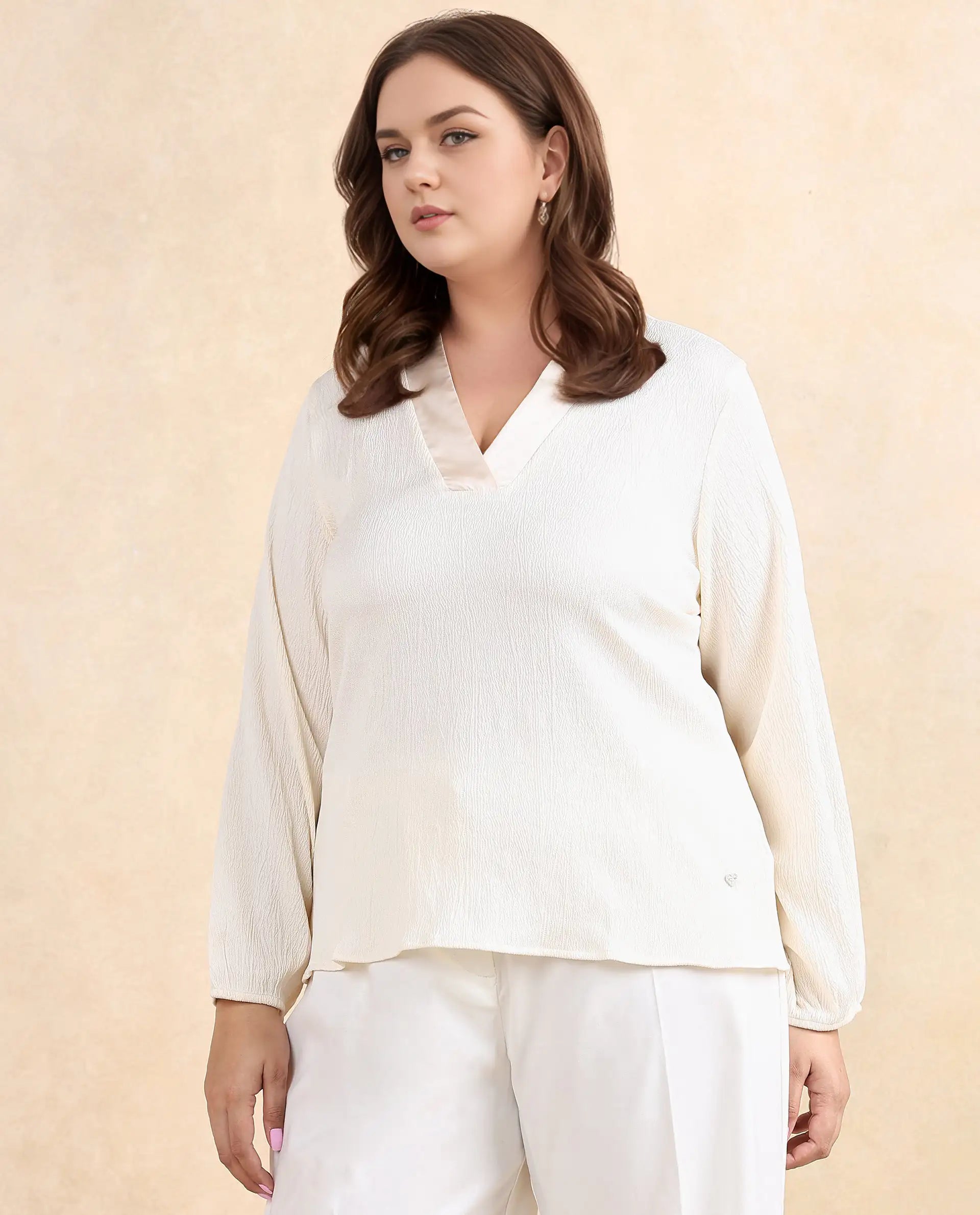 Rareism Women Boco Beige Full Sleeve V-Neck Regular Fit Plain Top