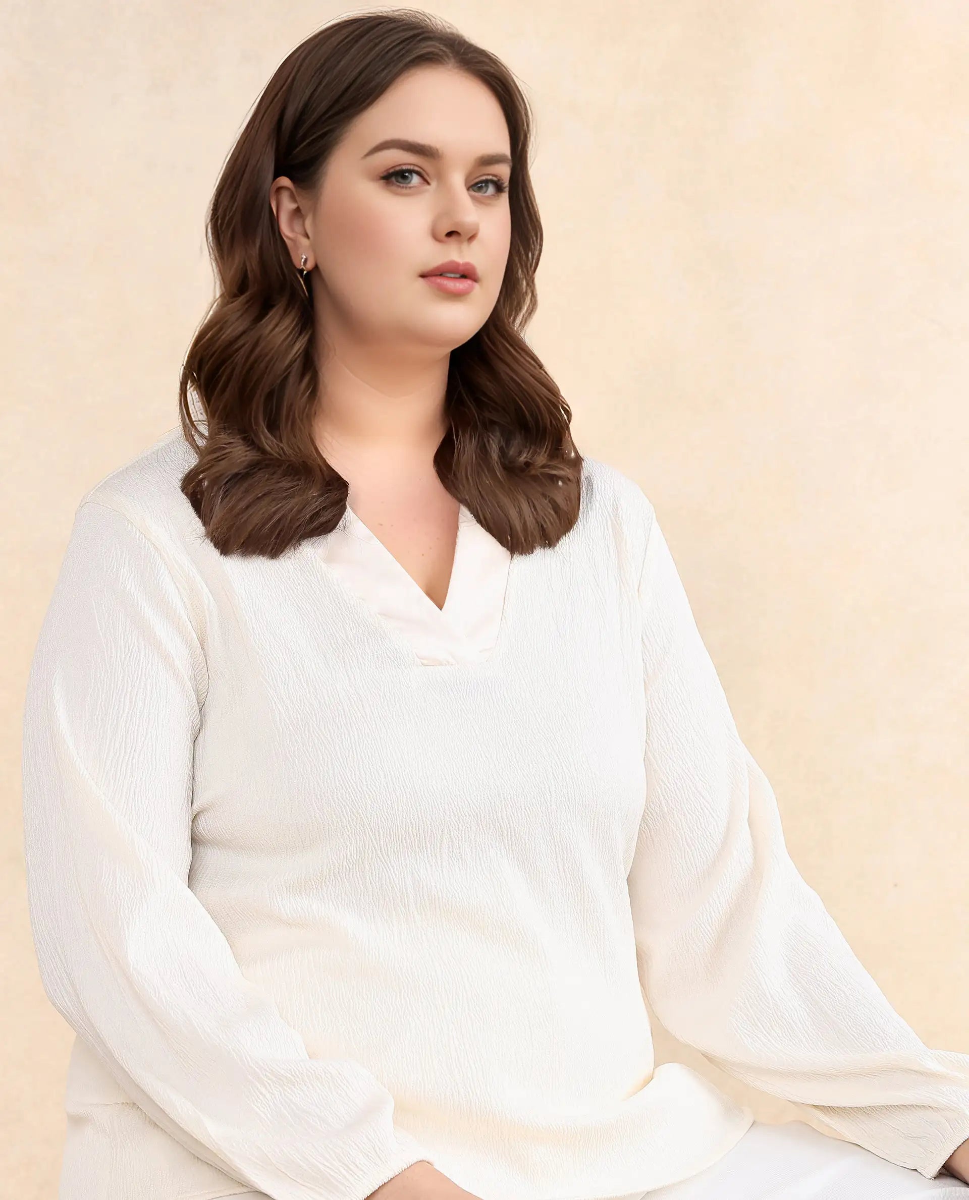 Rareism Women Boco Beige Full Sleeve V-Neck Regular Fit Plain Top