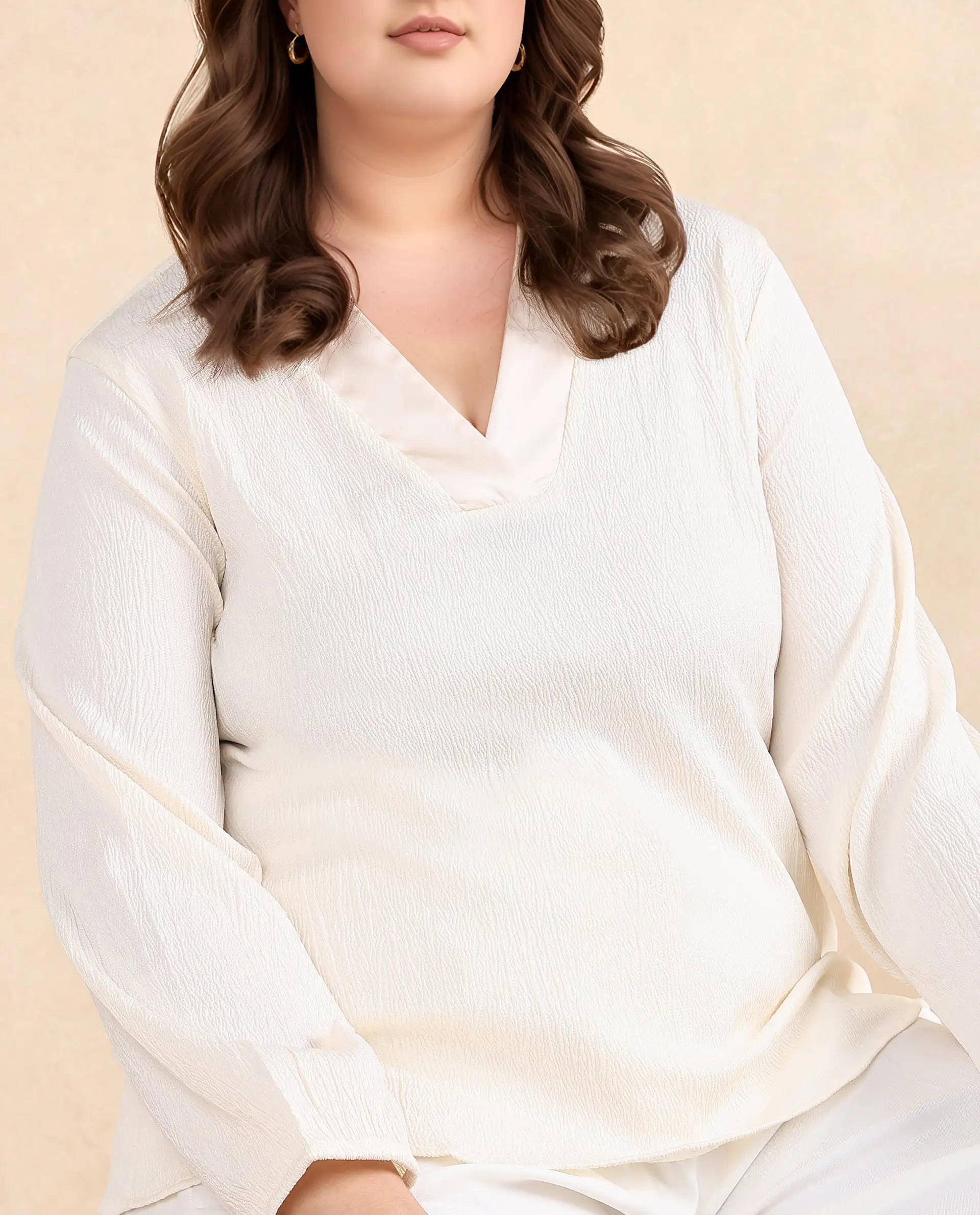 Rareism Women Boco Beige Full Sleeve V-Neck Regular Fit Plain Top