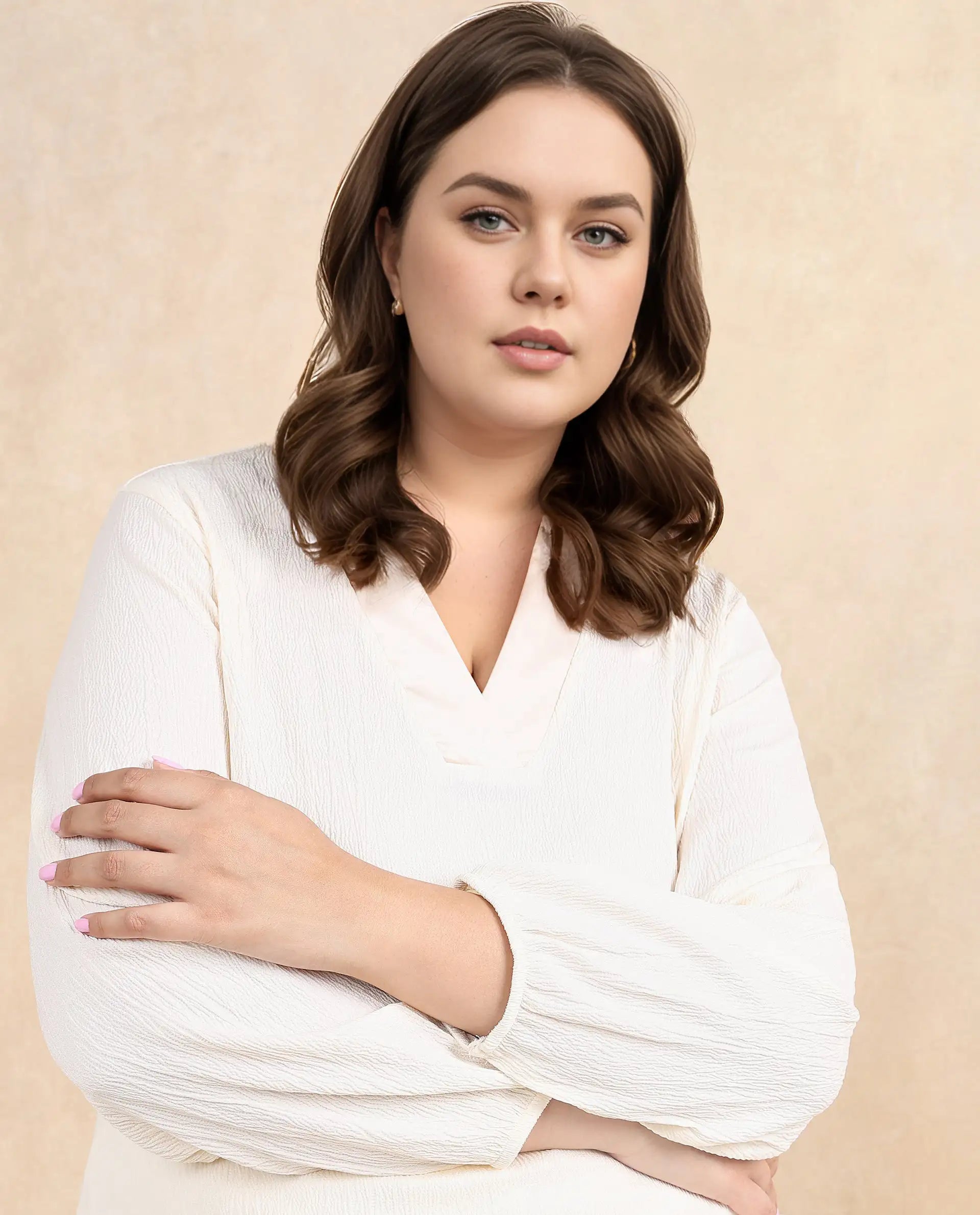 Rareism Women Boco Beige Full Sleeve V-Neck Regular Fit Plain Top