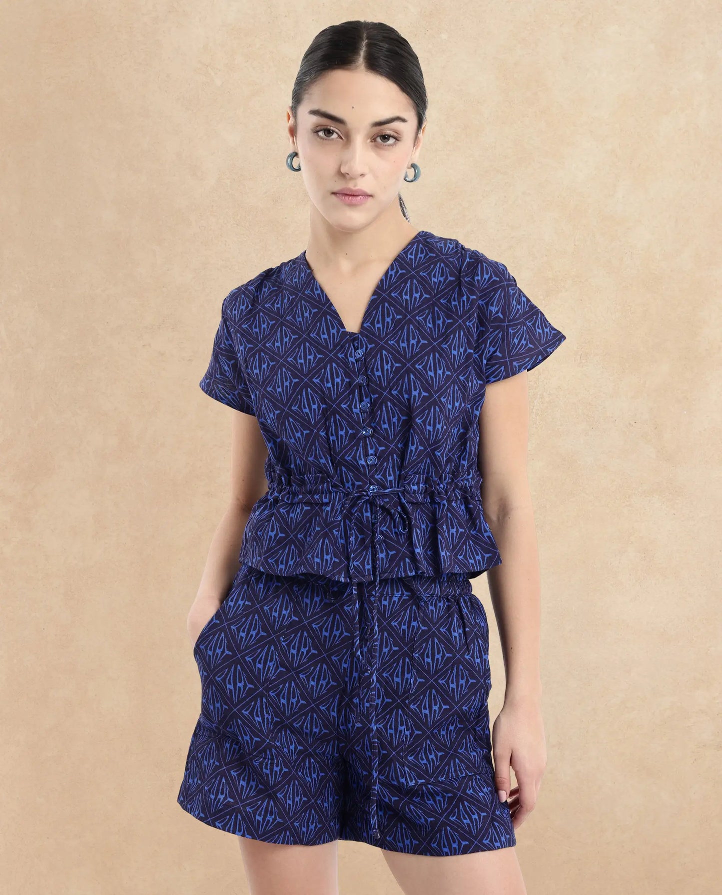 Rareism Women Bolgan Dark Blue Extended Sleeves V-Neck Button Monogram Print Cropped Top