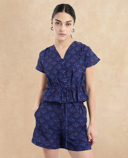 Rareism Women Bolgan Dark Blue Extended Sleeves V-Neck Button Monogram Print Cropped Top