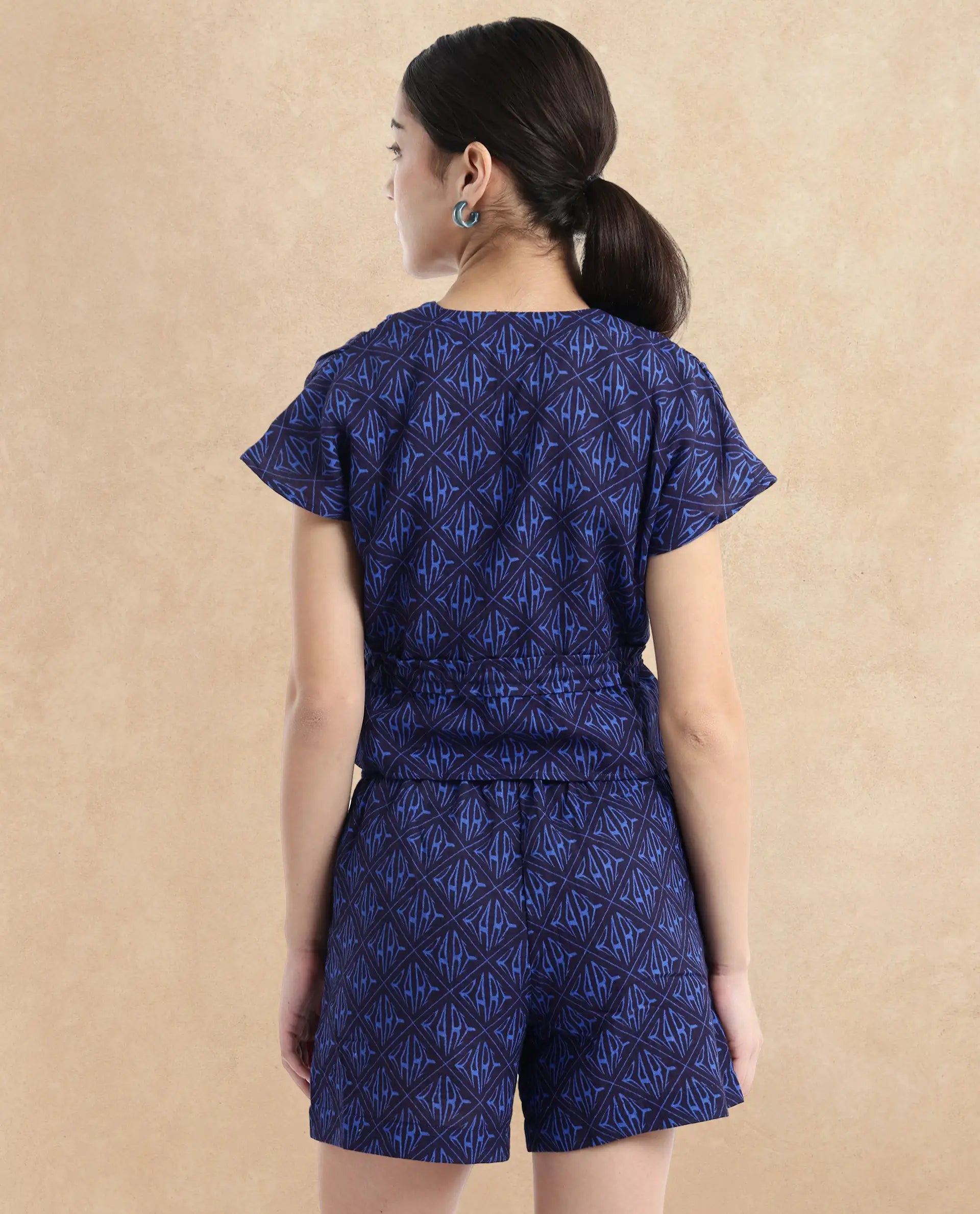 Rareism Women Bolgan Dark Blue Extended Sleeves V-Neck Button Monogram Print Cropped Top