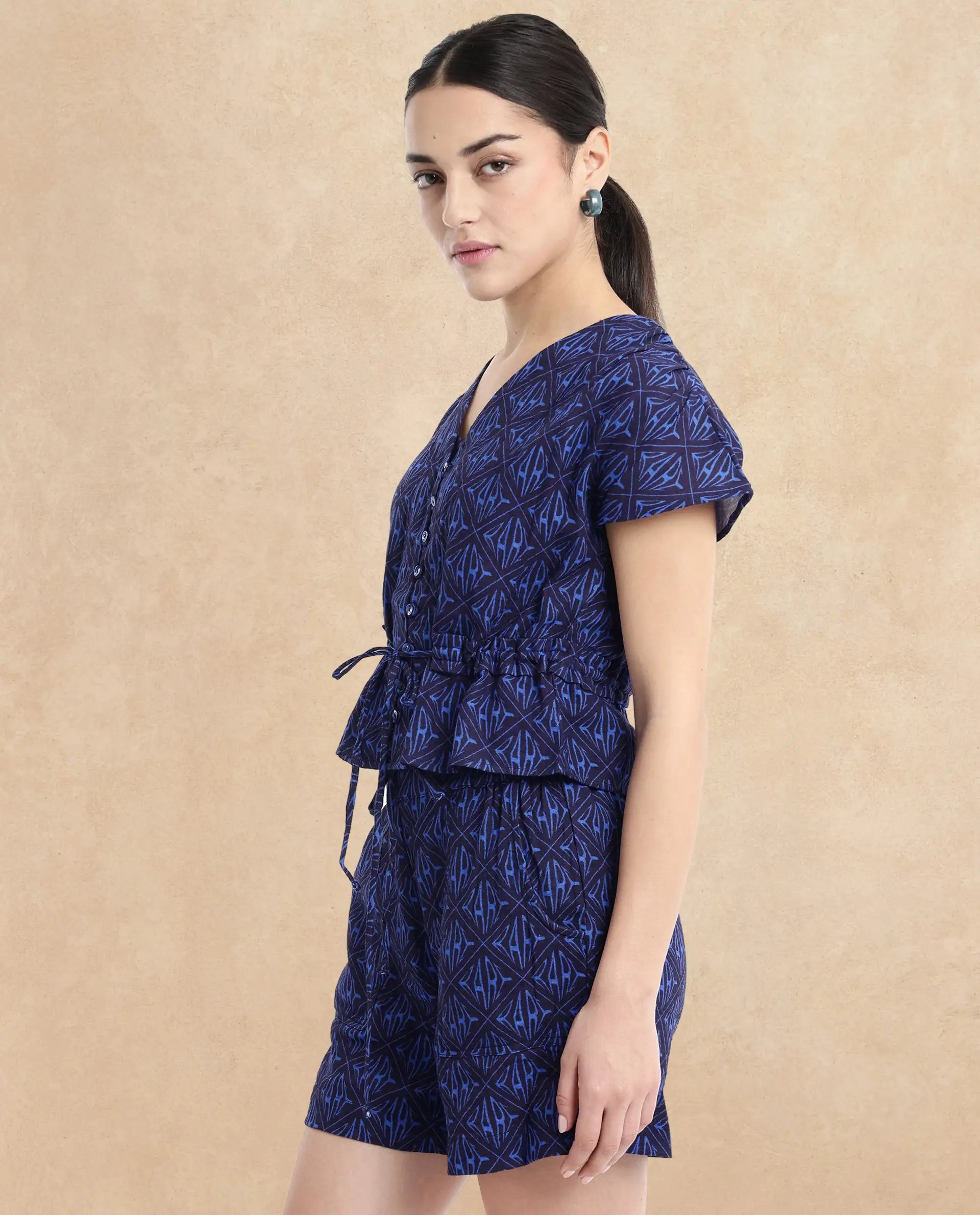 Rareism Women Bolgan Dark Blue Extended Sleeves V-Neck Button Monogram Print Cropped Top